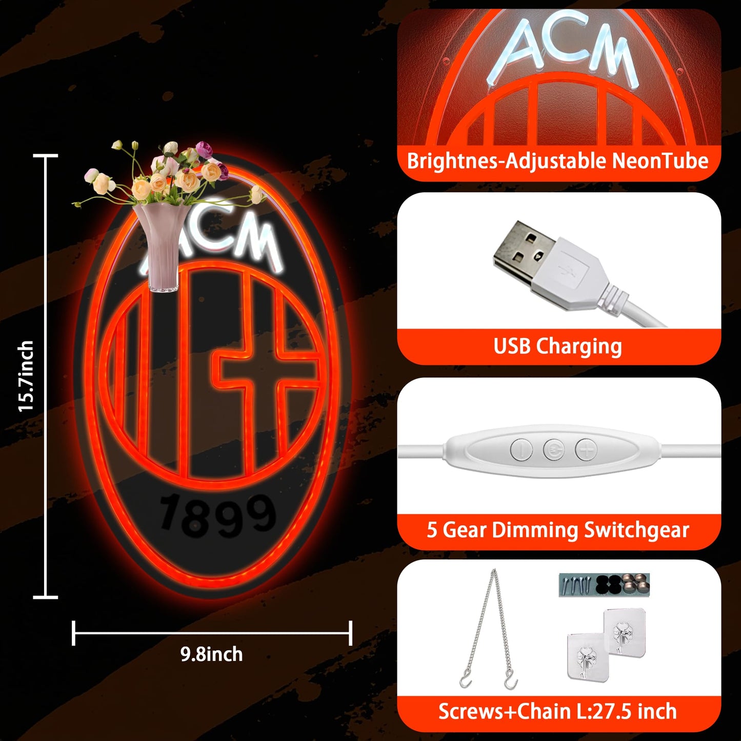 Soccer Team Neon Sign, Cool Dimmable Light Up Football Team Hanging USB Powered for Wall Decor, Man Cave, Bedroom, Bar, Game Room, Garage Deco