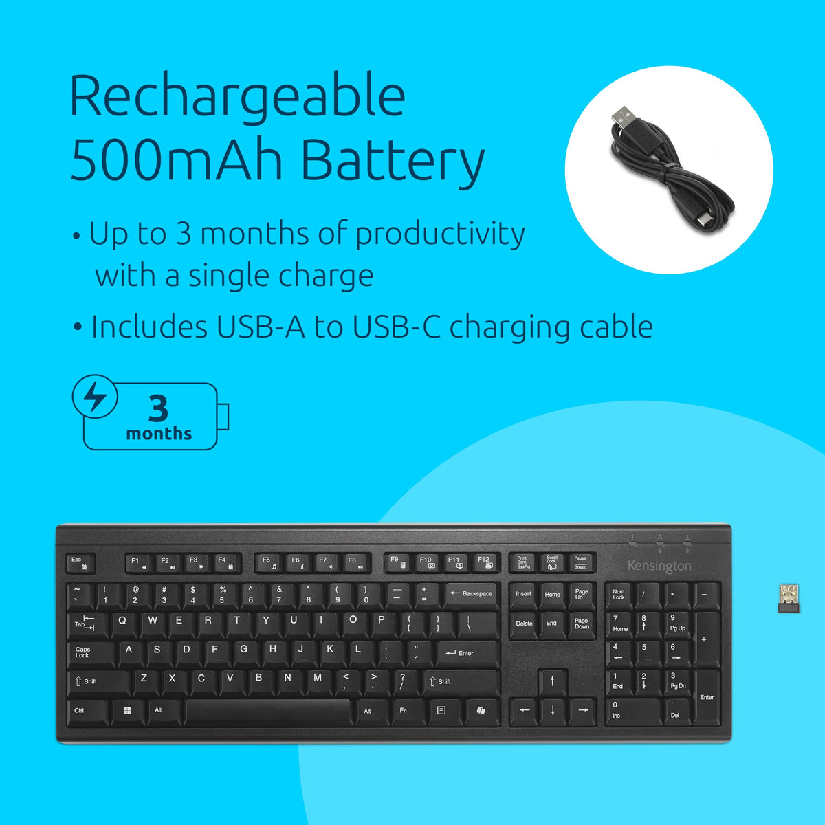 Kensington KB270 EQ Wireless Rechargeable Keyboard, Full-Size, Spill-Proof, 2.4GHz & Bluetooth 5.0 Connection, Compatible with Windows and MacOS