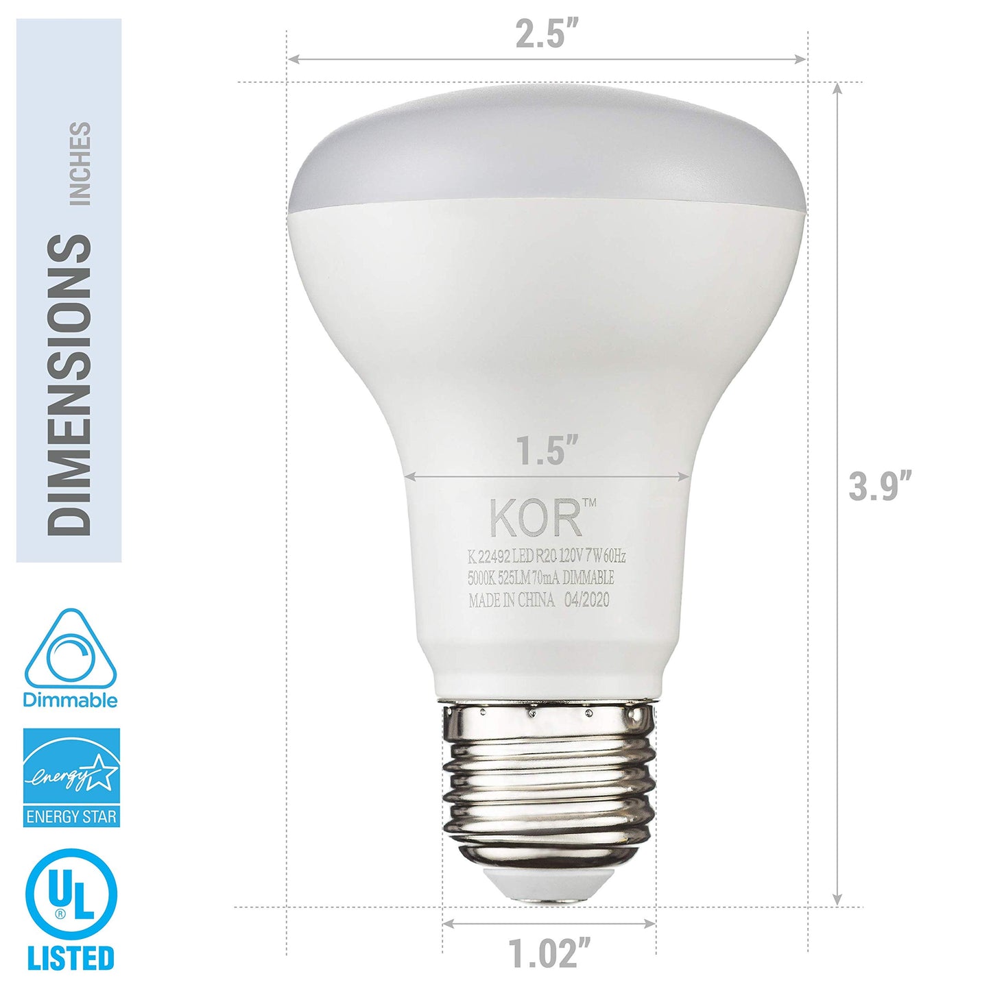 KOR R20 LED Flood Light Bulbs, 50W Equivalent, 5000K Bright White, 6-Pack
