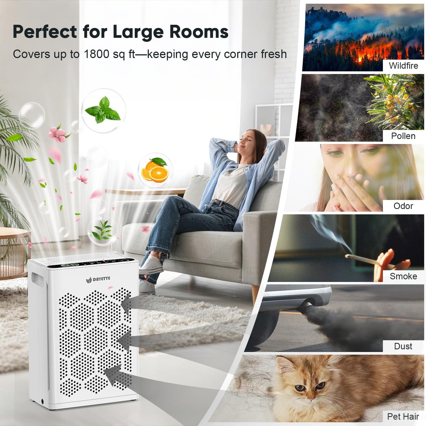 DAYETTE Air Purifiers for Home Large Room Up to 1800 Ft² with HEPA 14 Filter, Pet Air Purifier with Washable Prefilter for Bedroom with Fragrance, Air