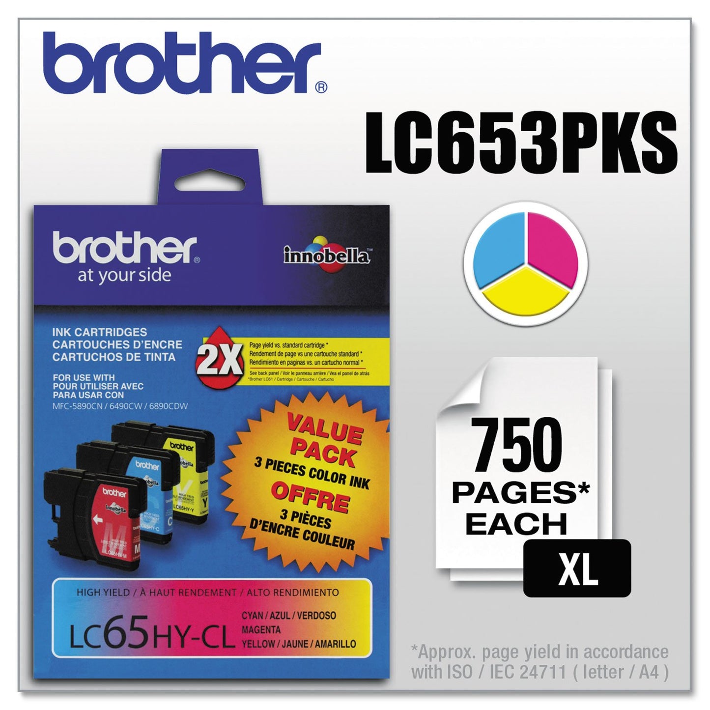 Brother LC653PKS LC65HY-CL Color Ink Cartridge - 3 Pack -Cyan/Magenta/Yellow