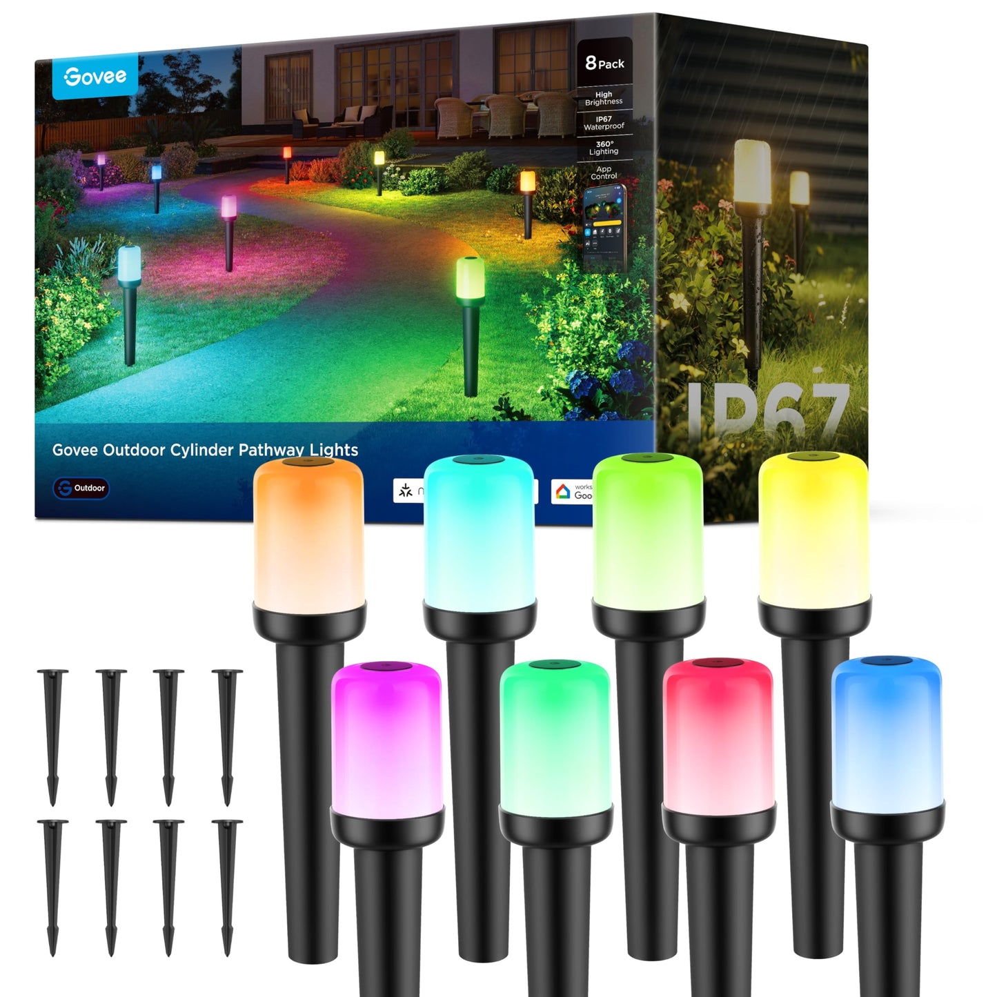 Govee Outdoor Cylinder Pathway Lights 8 Pack, 425lm Patio Lights, IP67 Waterproof, 60+ Preset Scene Modes, Outdoor Decor for Path, Patio, Garden