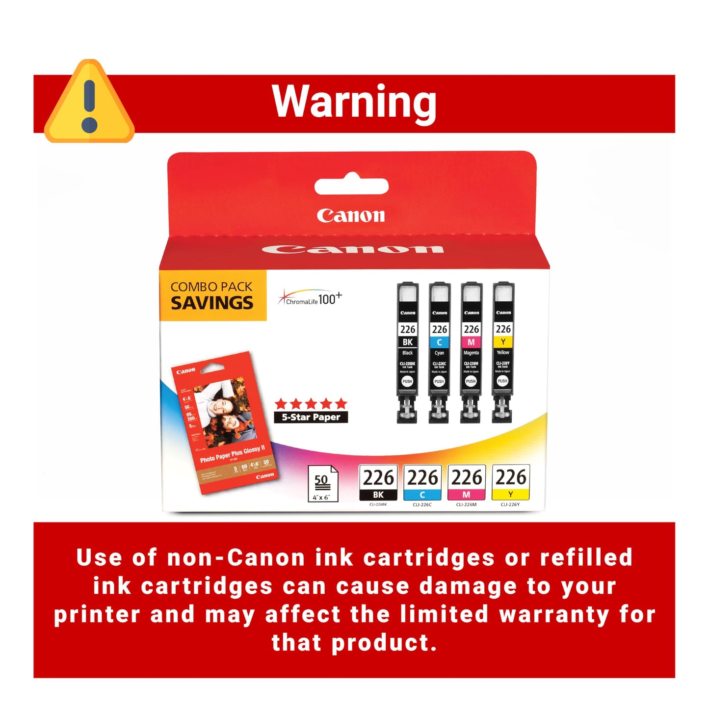 Canon CLI-226 Genuine Color Pack with 50 Photo Paper Sheets, Compatible with iP4820, MG5220, MG5120, MG6120, MG8120, MX882, iX6520, iP4920, MG5320