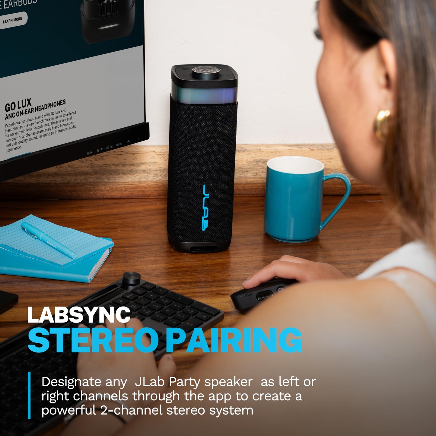 JLab JBuds Party Portable Bluetooth Speaker, 2 Full-Range Drivers + 2 Passive Woofers, IP56 Waterproof, 12 Hours Playtime, Connect Multiple Speakers