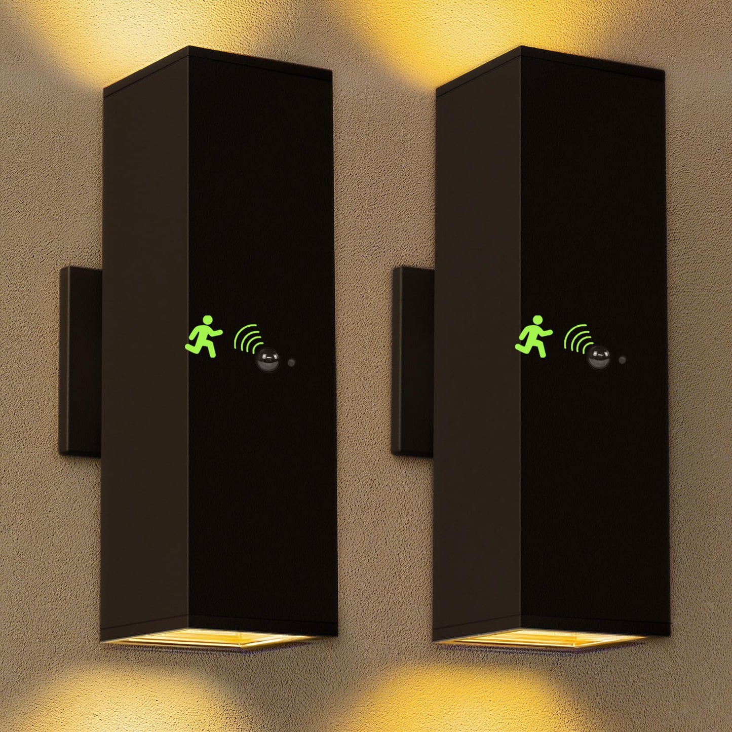 Motion Sensor Outdoor Wall Lights 2-Pack, Dusk to Dawn Exterior Light Fixtures with 3 Lighting Modes, 13'' Up Down Porch Lights with 15W LED Bulbs