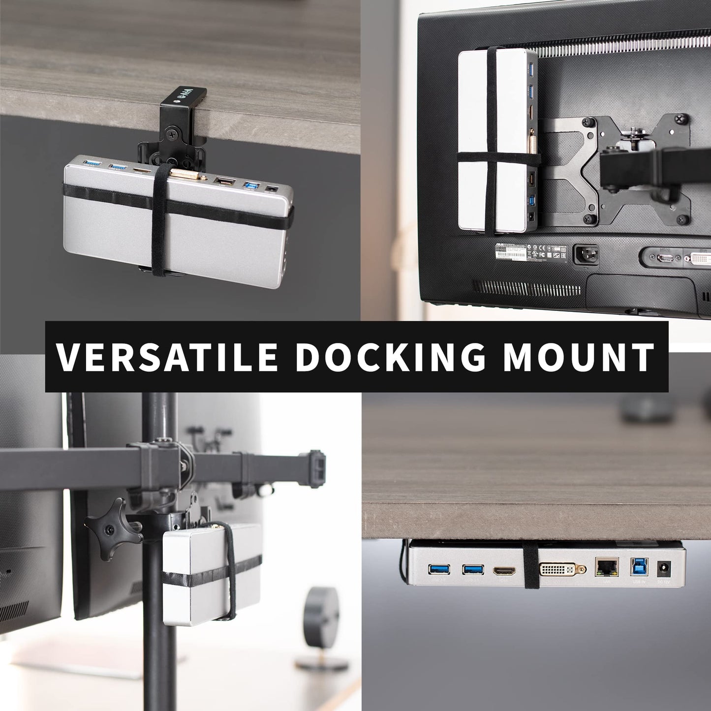 VIVO Universal Docking Station Mount for Workstation, Behind Monitor VESA Mounting, Under Desk Installation, Heavy Duty C-clamp Options, Fits Docking