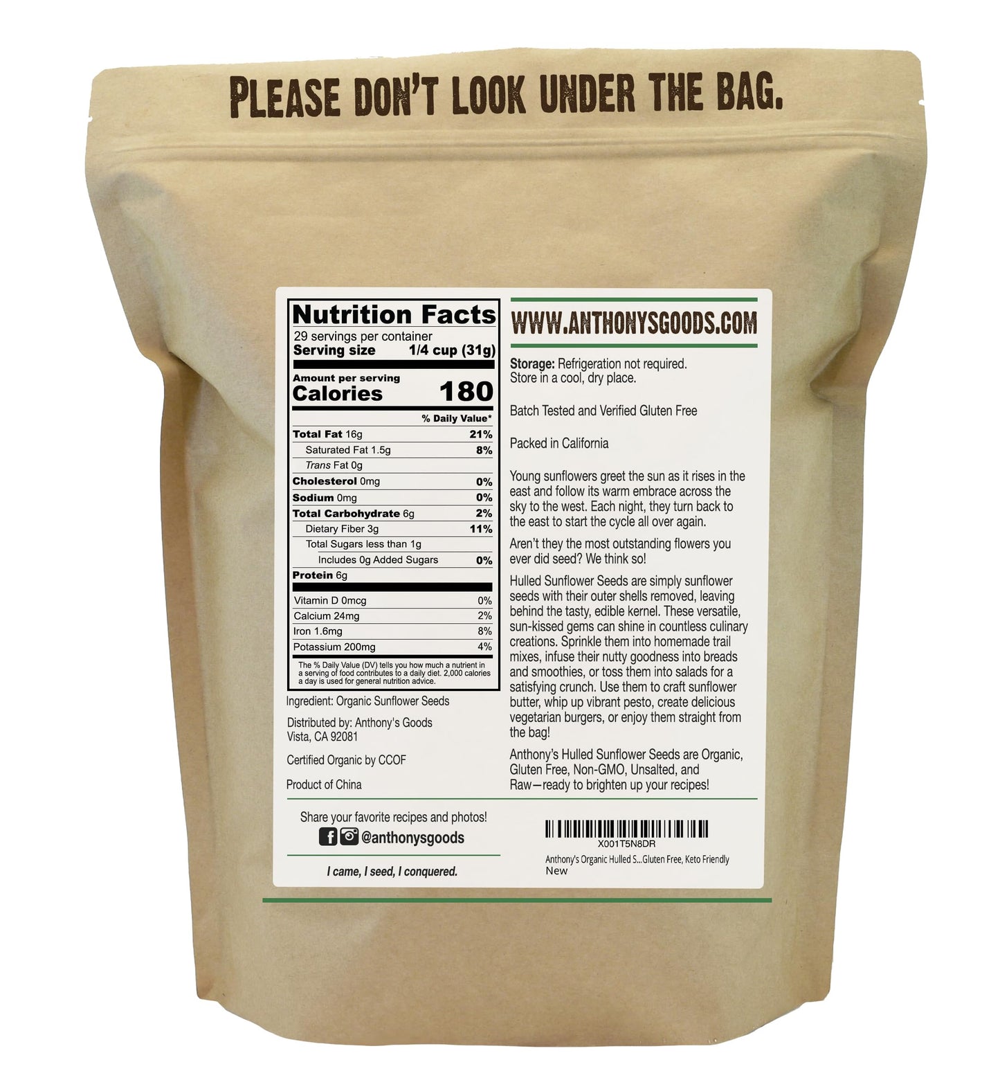Anthony's Organic Hulled Sunflower Seeds, 2 lb, Raw, Unsalted, Batch Tested and Gluten Free, Keto Friendly