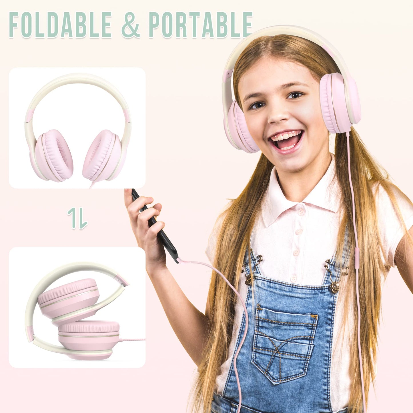 rockpapa L22 Wired Headphones for Kids Girls Boys Women with Microphone, Foldable Stereo 3.5mm Corded Headphones for School Classroom Chromebooks
