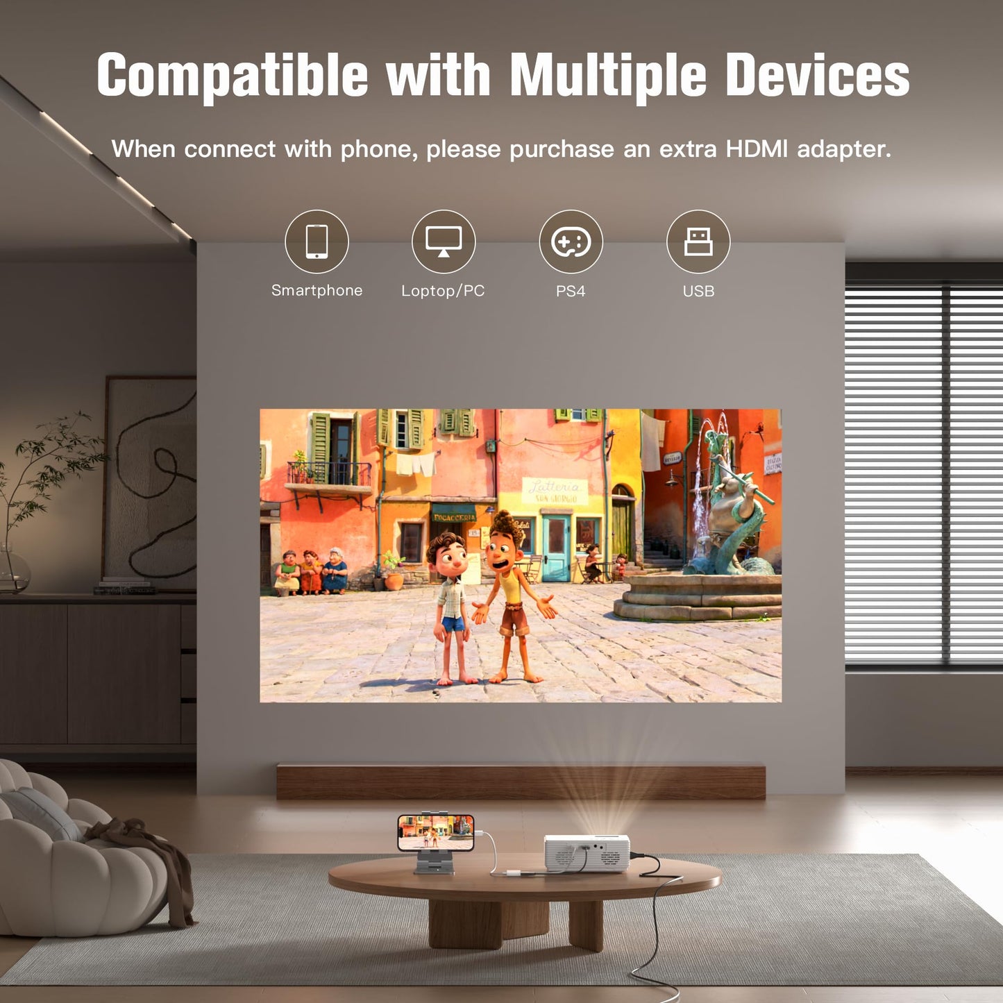 AuKing Projector, 2026 Upgraded Mini Projector, Full HD 1080P Home Theater Video Projector, Compatible with HDMI/USB/AV/Smartphone/TV Box/Laptop