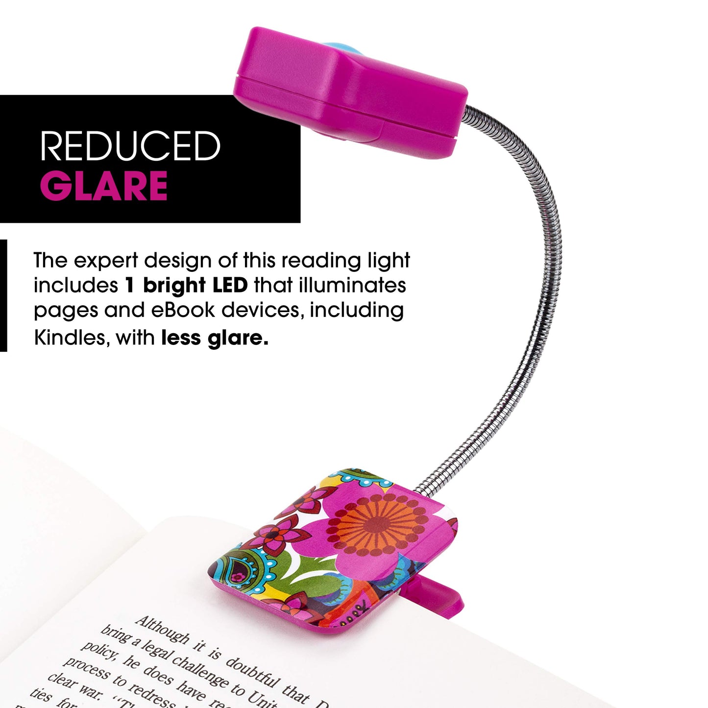 WITHit French Bull Clip On Book Light - Pink Raj - Square LED Reading Light for Books and eBooks, Reduced Glare, Portable and Lightweight, Cute
