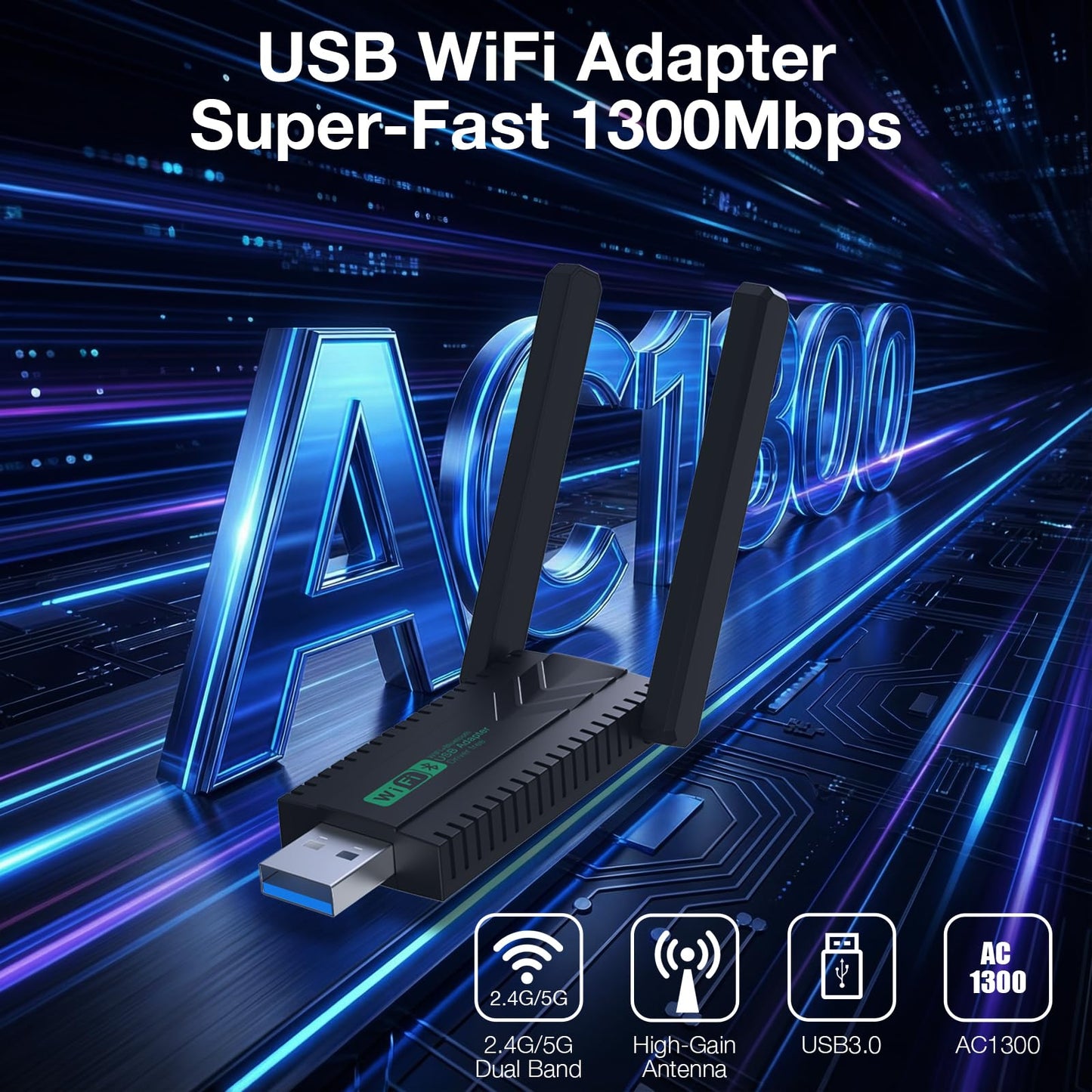 WiFi Adapter for Desktop PC, AC1300Mbps Dual Band 5GHz/2.4GHz Wireless Network Adapter for PC, USB 3.0 WiFi 6 Dongle with High Gain Antenna