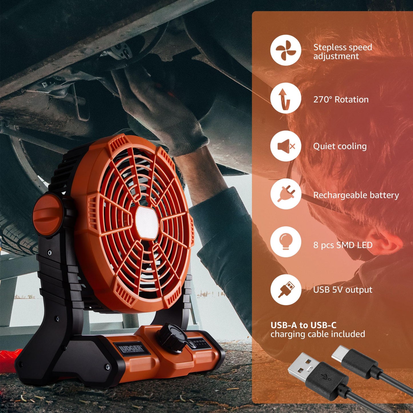 LUDGER 7" 3-in-1 Rechargeable Fan (EL-705WF), Portable, LED, Long Battery life, Multi Charging Port, Compact Size, Carrying Handle, Quiet Cooling, 270