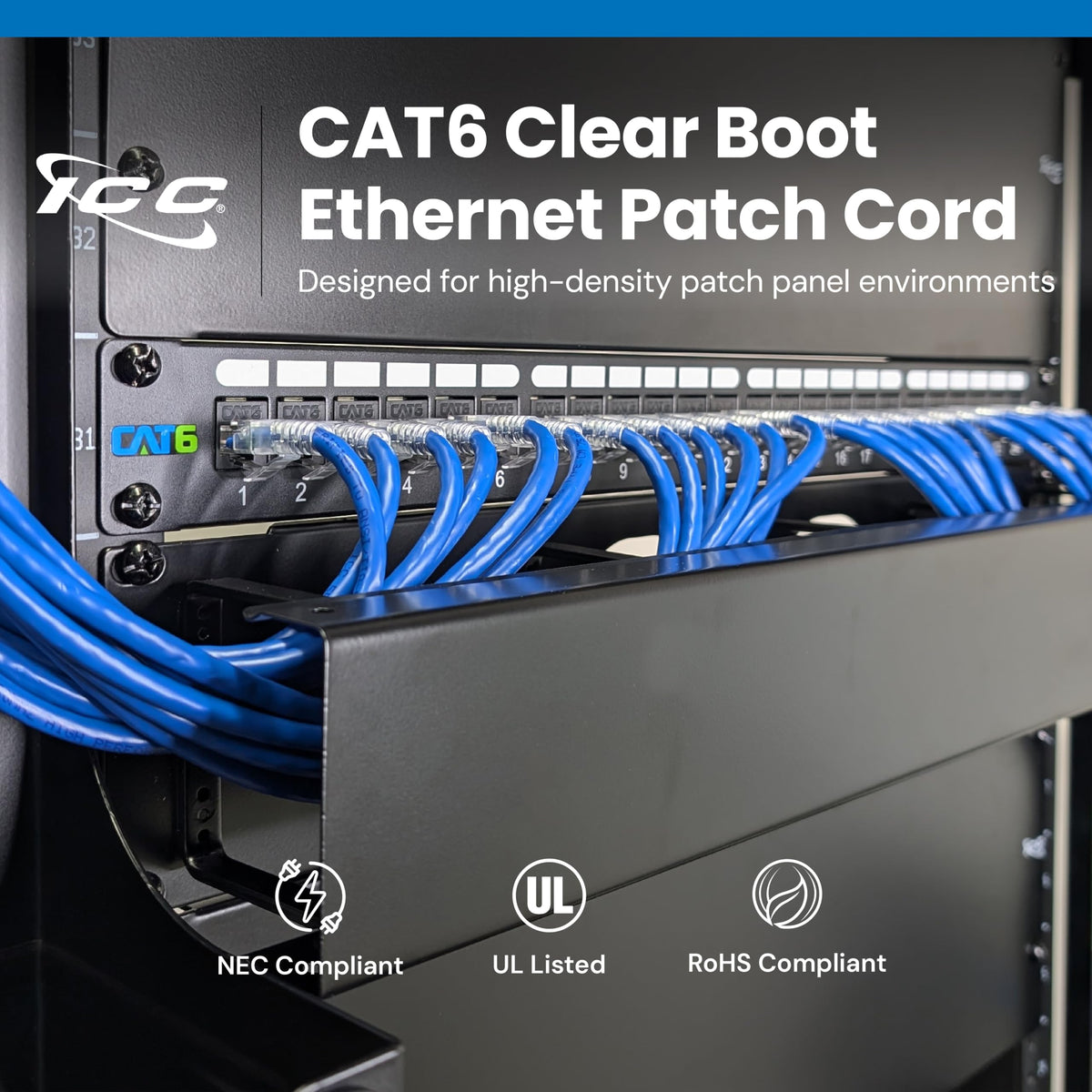 ICC CAT6 Ethernet Patch Cord, RJ45 UTP 24 AWG, 550 MHz, 1 FT, Blue, 25-Pack