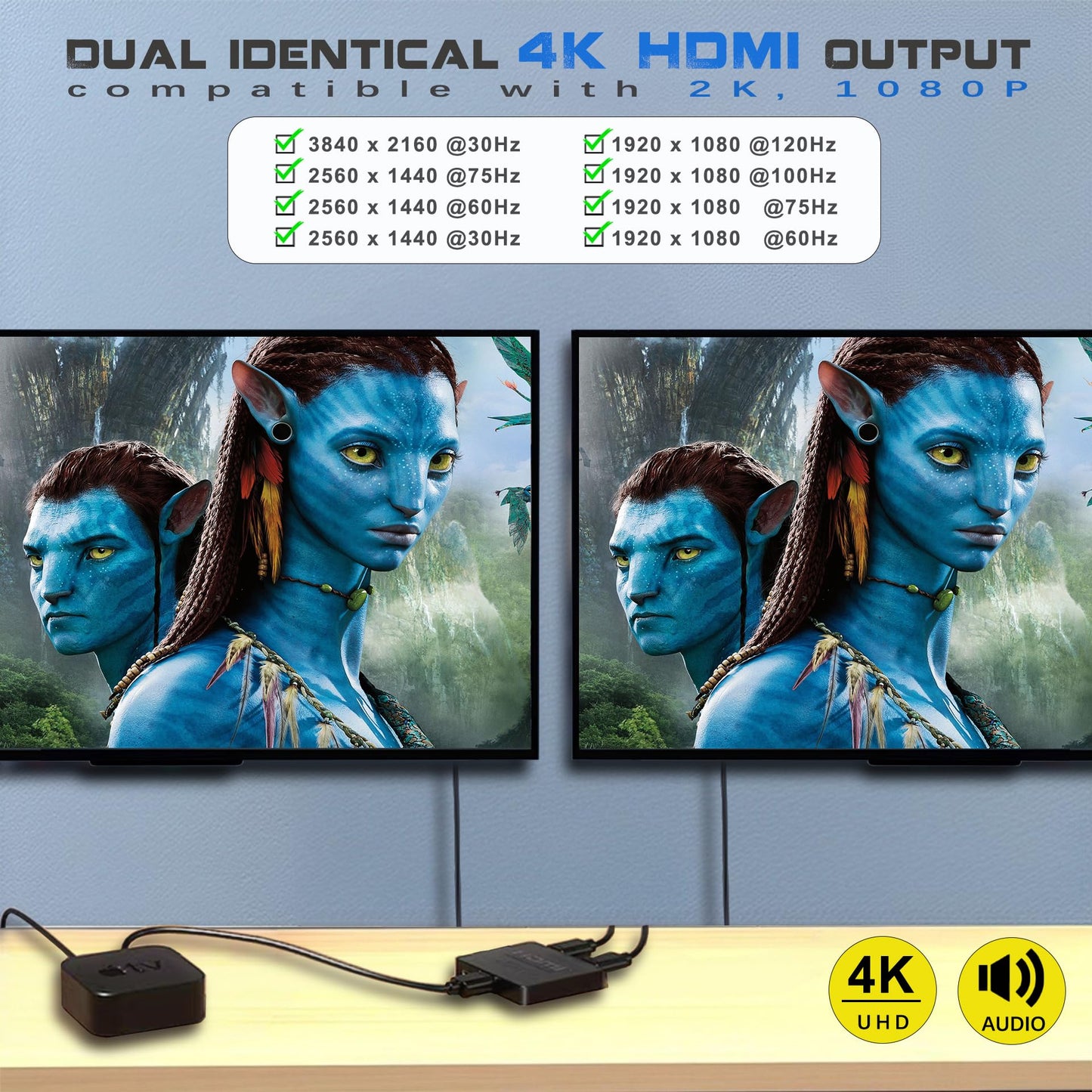 4K HDMI Splitter 1 in 2 Out Mirror Display Not Expand, Dual HDMI Splitter Hub to Dual Monitors Multi-Scree Displays Audio Synchronization, Compatible