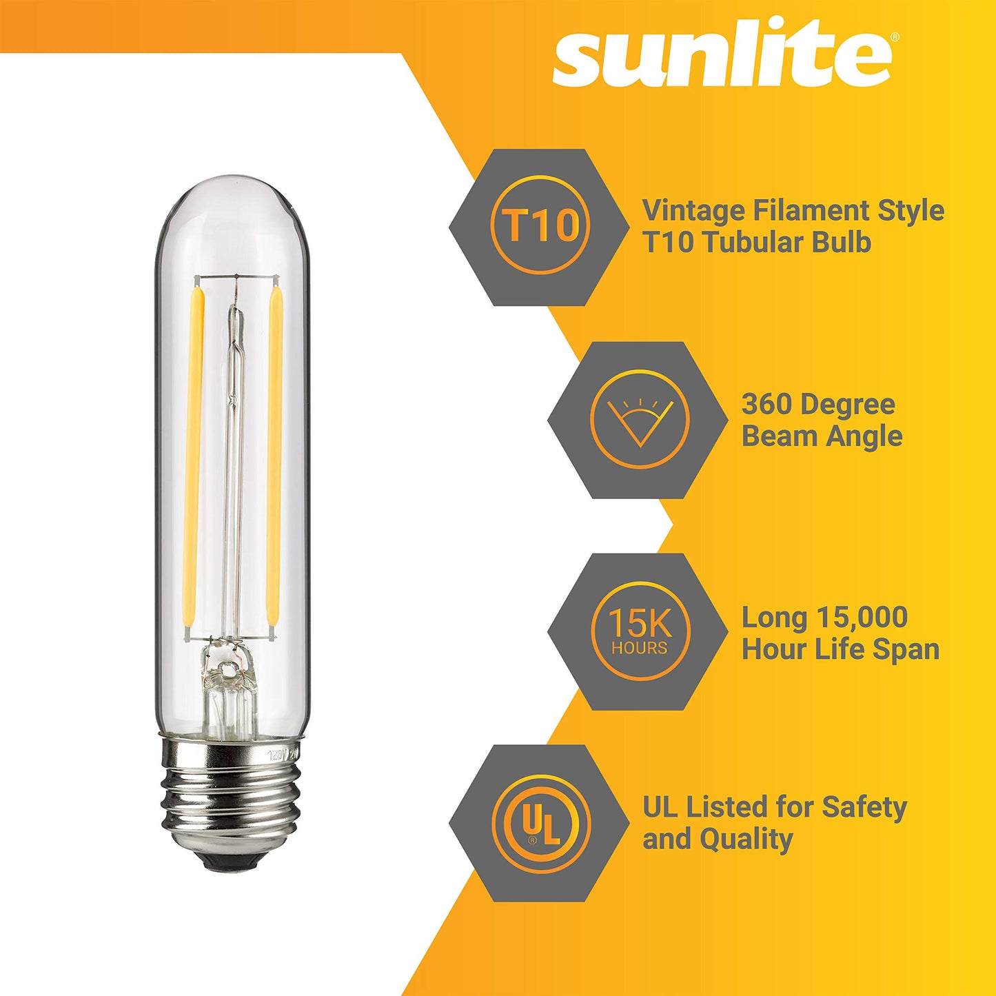 Sunlite 41148 LED Filament T10 Tubular Light Bulb, 2 Watts (25W Equivalent), 160 Lumens, E26 Base, Dimmable, 126mm, 6 Pack 2200K - Amber