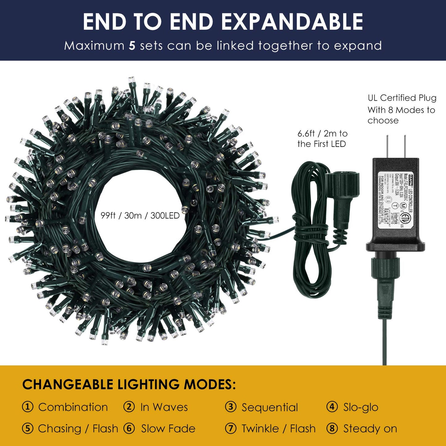 XUNXMAS Bright Christmas Lights Outdoor 300 LED String Lights, 100ft Connectable 8 Modes Christmas String Lights Tree Lights for Home, Party, Holiday