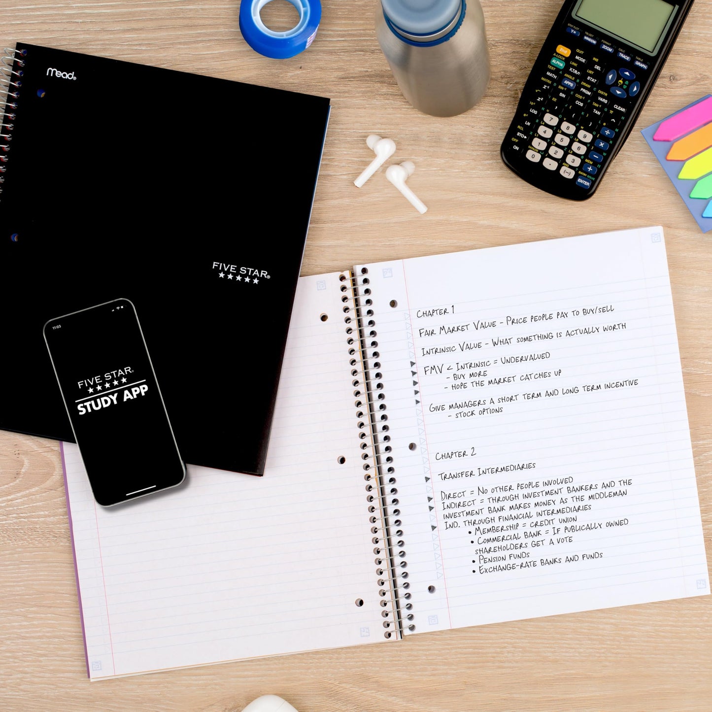 Five Star Spiral Notebook + Study App, 5 Subject, College Ruled Paper, 8-1/2" x 11", 200 Sheets, Fights Ink Bleed, Water Resistant Cover, Black