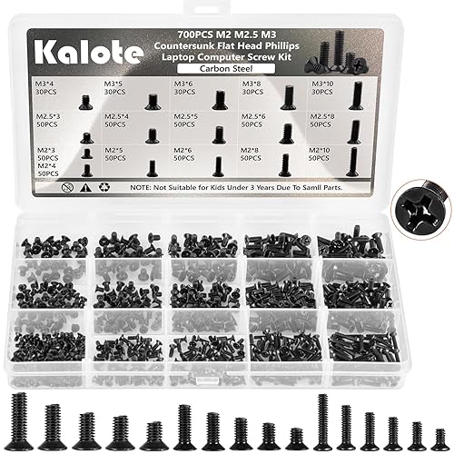 Laptop Screws Kit, 700Pcs Black Laptop Notebook Computer Replacement Screws Assortment Kit, M2 M2.5 M3 Carbon Steel Countersunk Flat Head Phillips