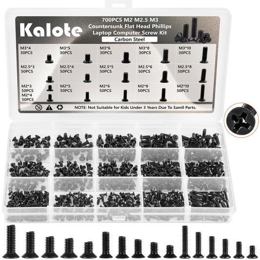 Laptop Screws Kit, 700Pcs Black Laptop Notebook Computer Replacement Screws Assortment Kit, M2 M2.5 M3 Carbon Steel Countersunk Flat Head Phillips