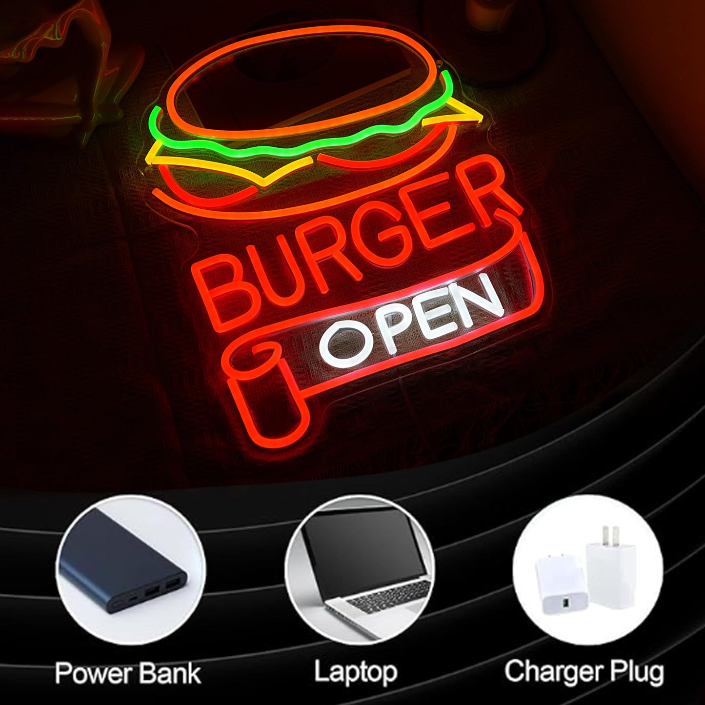 BNEMCEZH Burger Open Neon Sign Dimmable Delicious Hamburger LED Light Sign for Wall Decor USB Powered Business Fast Food Open Light up Sign