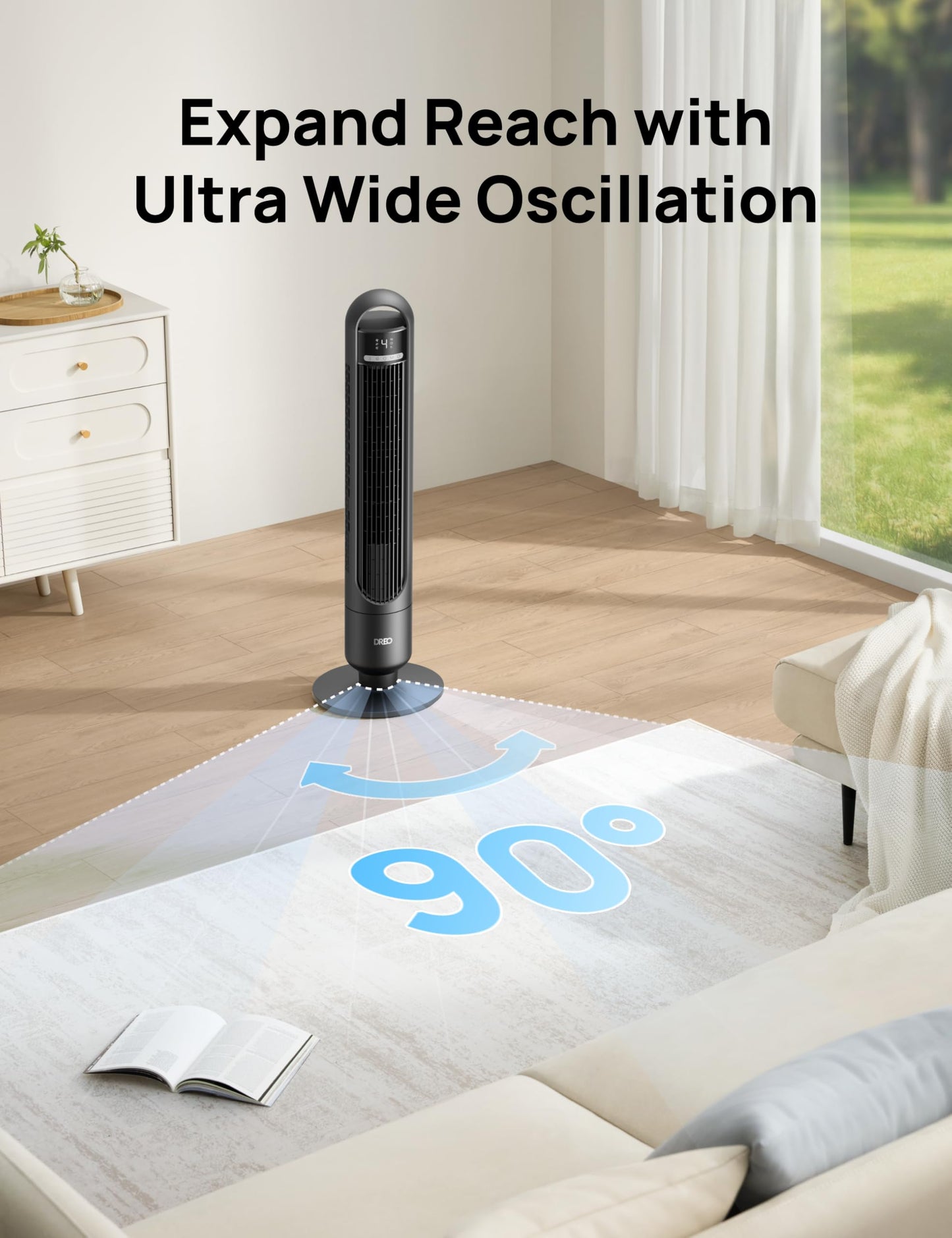 DREO Smart Tower Fan for Bedroom, 90° Oscillating Standing Fans for Room with 4 Speeds, 4 Modes, 28dB Quiet for Sleep, 26ft/s Velocity, 8H Timer