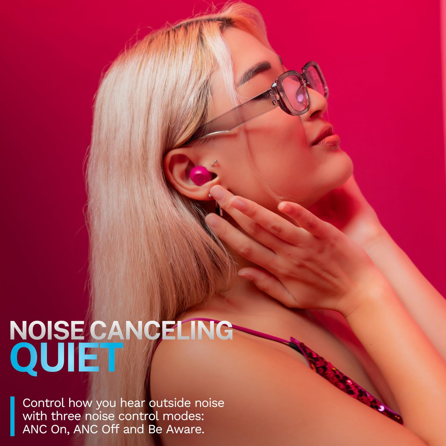 JLab Go Pop ANC True Wireless Earbuds & Charging Case, Fuchsia, Active Noise Cancelling, 10mm Drivers, Dual Connect, Customize Your Sound with App, Be