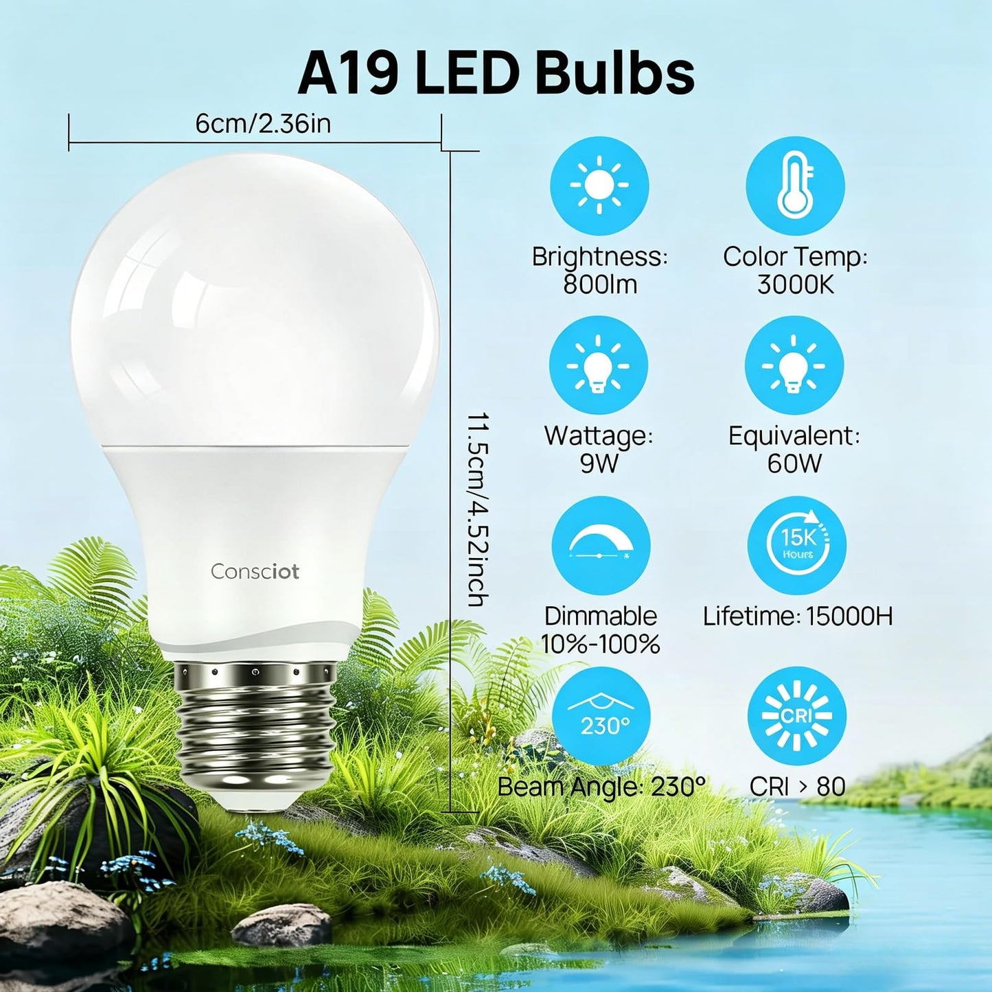 Consciot A19 LED Light Bulbs Dimmable, 60W Equivalent, 3000K, 5 Packs