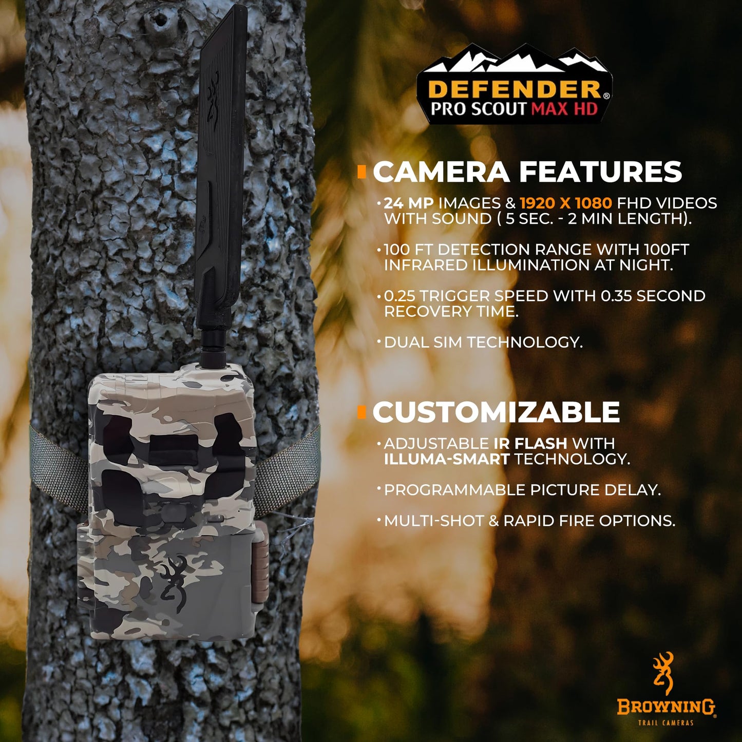 Browning Defender Pro Scout Max HD 24MP Dual SIM Cellular Trail Camera - Ultra High Gain Antenna, Smart Infrared Video, 100' Detection Range