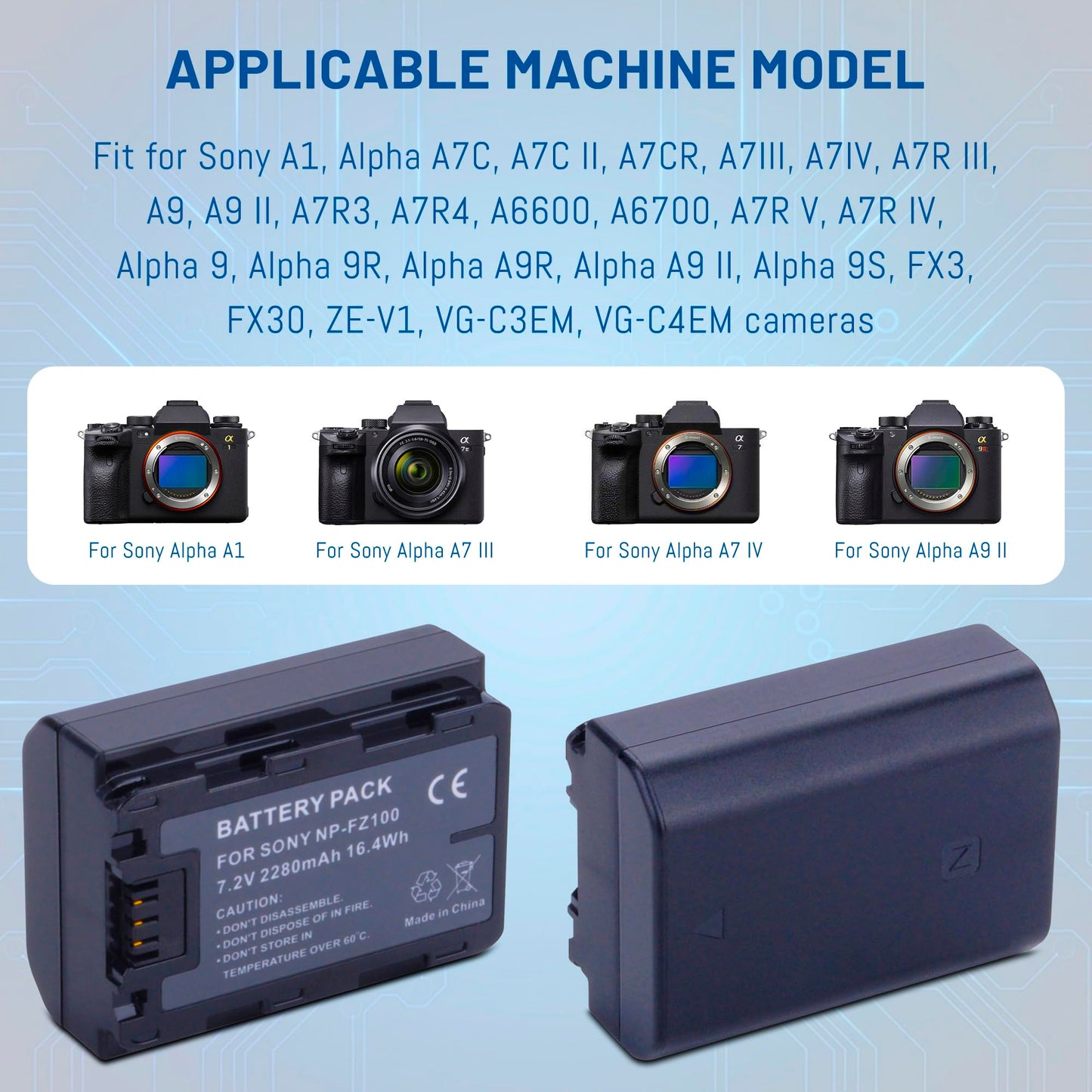 3-Pack NP-FZ100 Battery with Triple Slot LCD Charger for Sony A7iii, A7iv, A7C, FX3, FX30, A9, A6600, A6700, ZV-E1, ZV-E10ii, Alpha 9, Alpha A9 II