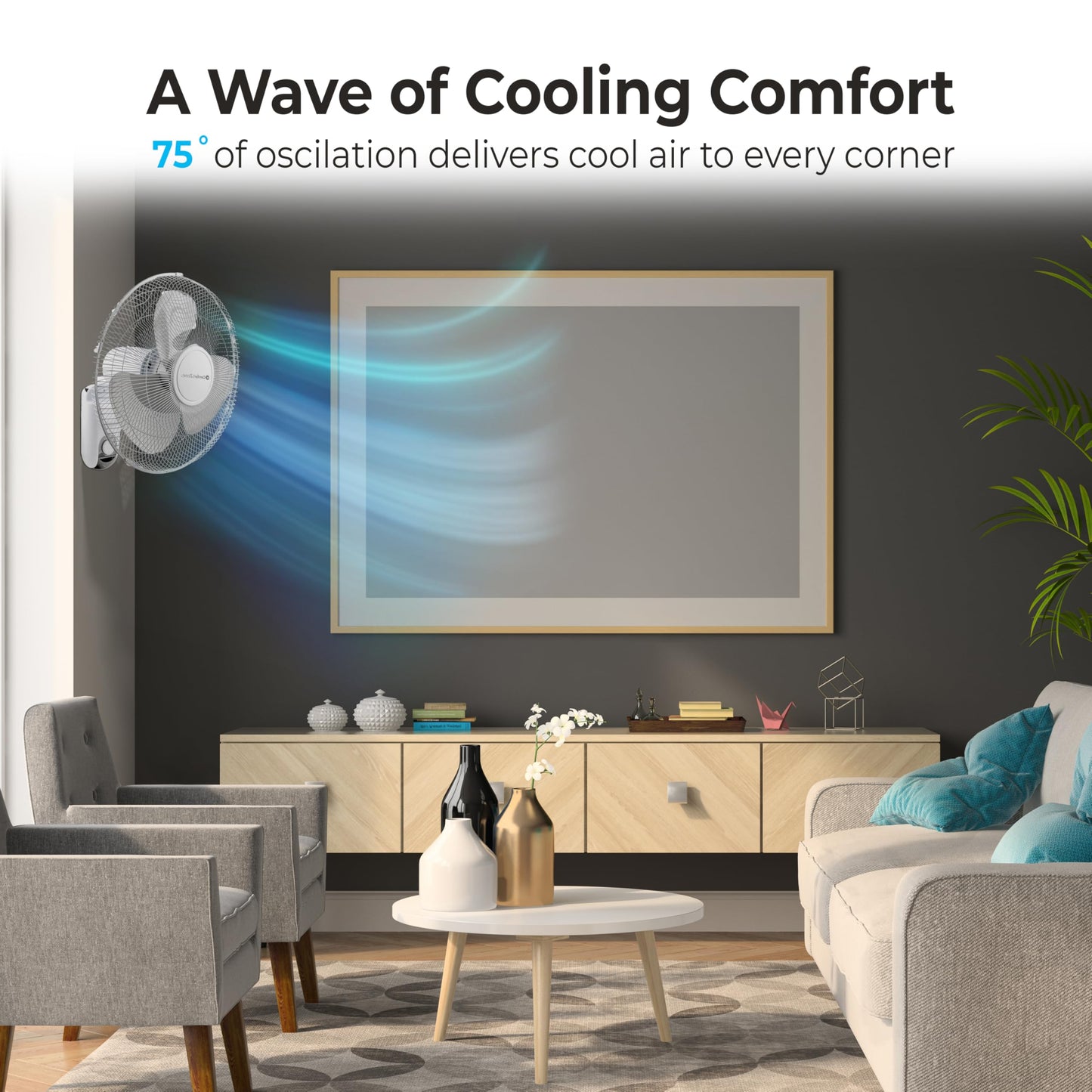 Comfort Zone Oscillating Wall Mount Fan with Remote Control, Timer, Auto Shut Off, Adjustable Tilt, Quiet, 16 inch, 3 Speed, Ideal for Home, Bedroom