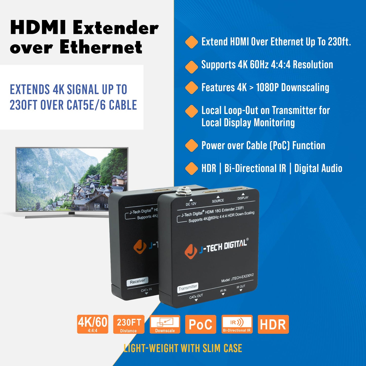 HDMI Extender 4K 60Hz Over Cat5e/6 Ethernet Cable Up to 230ft. Supports 4K Downscale HDMI Loop Out PoC HDR Bi-Directional IR by J-Tech Digital
