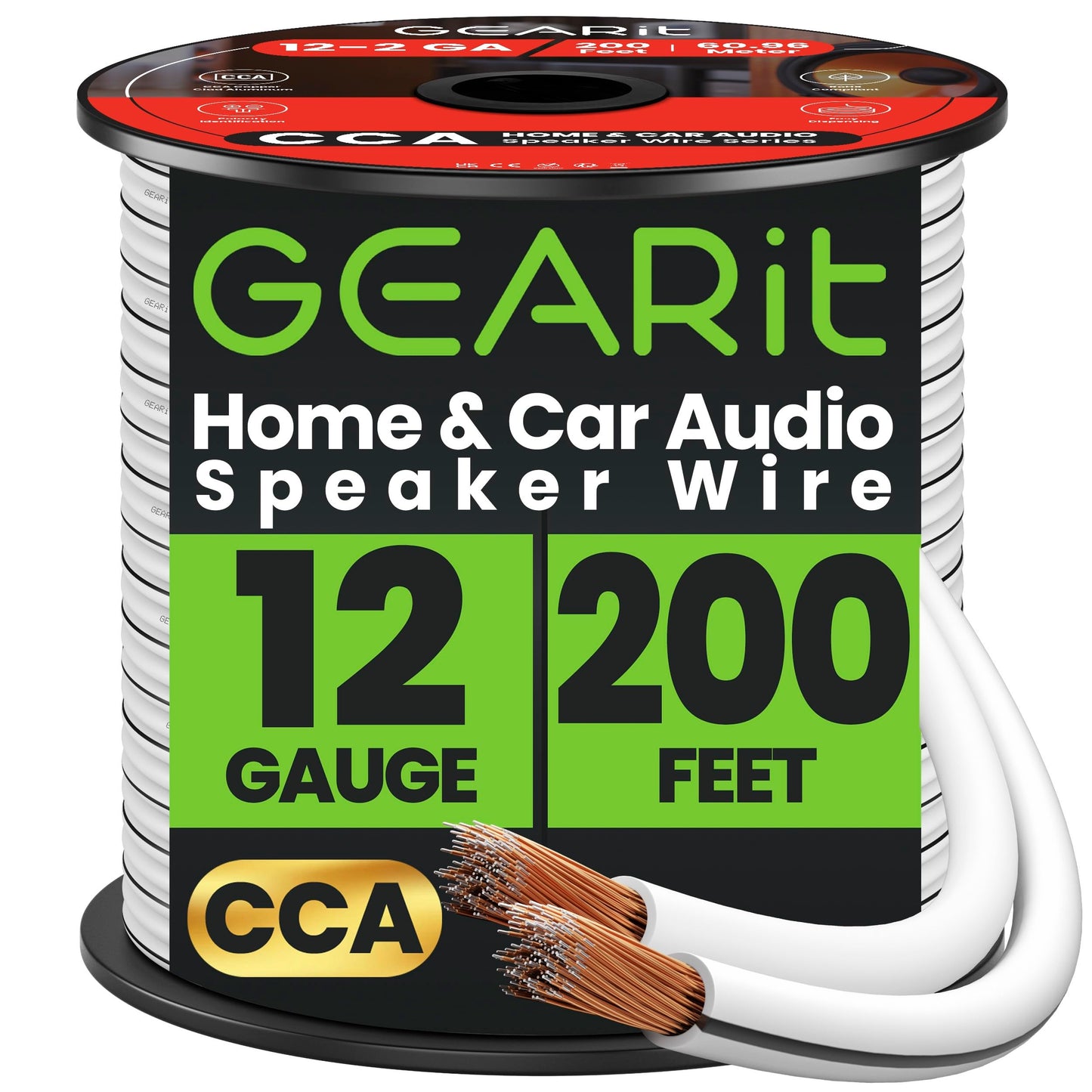GEARit 12 Gauge Speaker Wire - 200ft, Flexible Speaker Cable with Polarity Markings & Foot Markers,12/2 Conductor Audio Cable for Home Theater, Car
