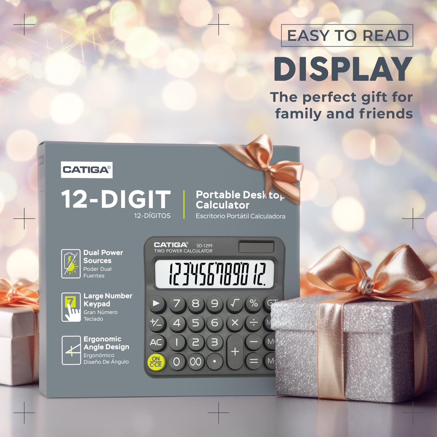 CATIGA Mechanical Switch Calculator with Solar and Battery Dual Power, 12-Digit Large LCD Display, Aesthetic and Cute Desktop Calculator with Big
