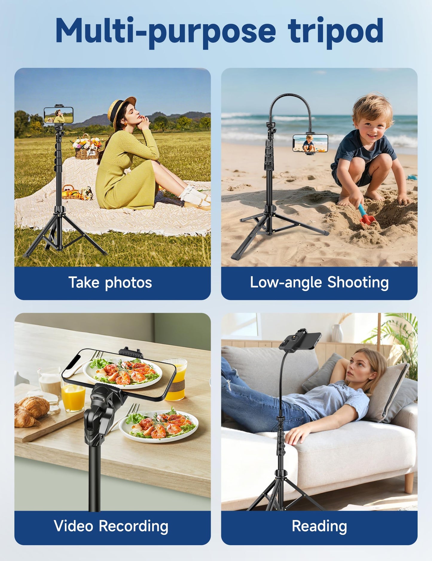 Phone Tripod Stand, 85" Tall Cellphone Tripod for iPhone with Gooseneck Remote, Flexible Portable Phone Stand for Recording, Compatible with iPhone 14
