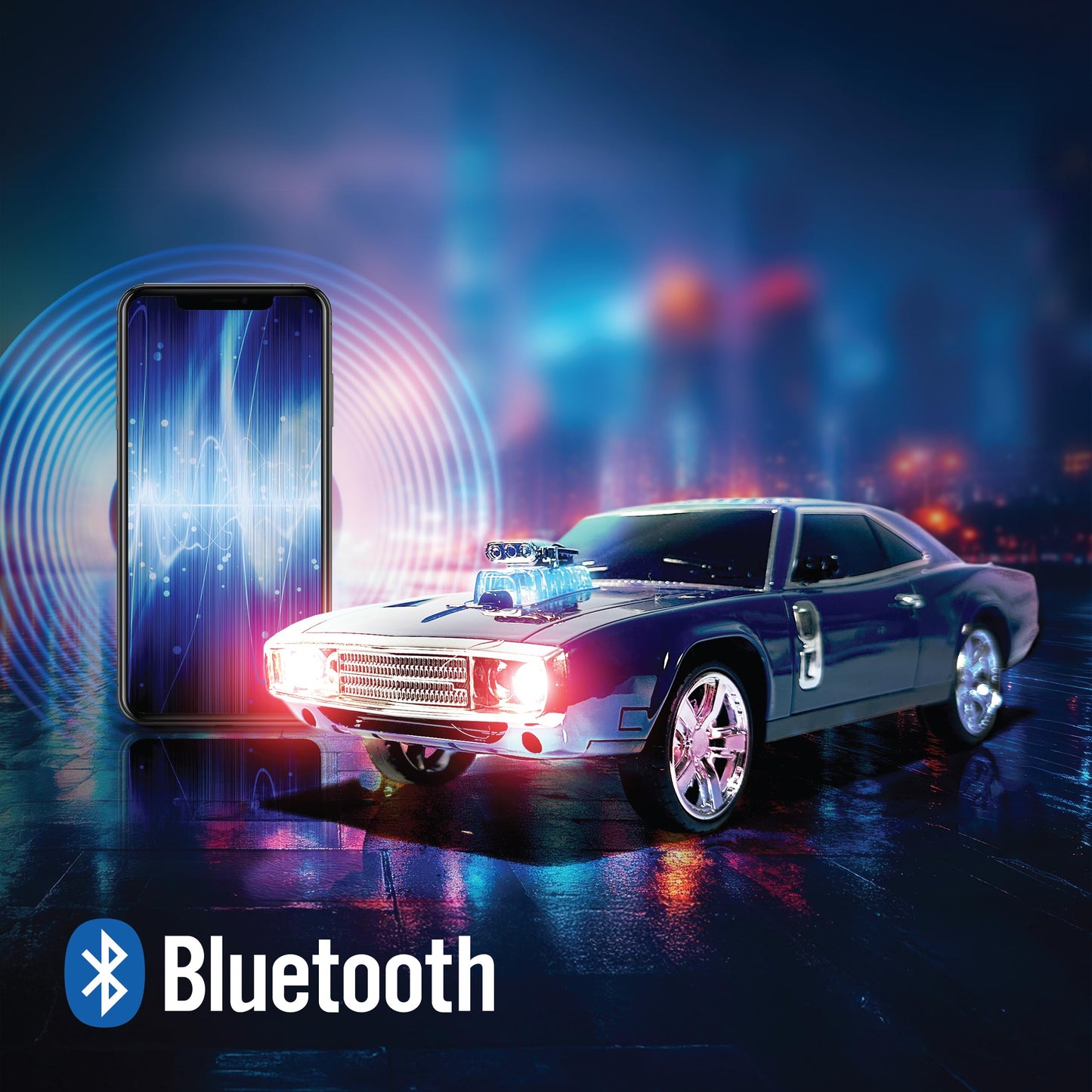 QFX Bluetooth 1968 Retro Muscle Car Replica Speaker, Dual 2-inch Speakers, Hands Free Link, Built-in Microphone, FM Radio and LED Party Lights, Blue