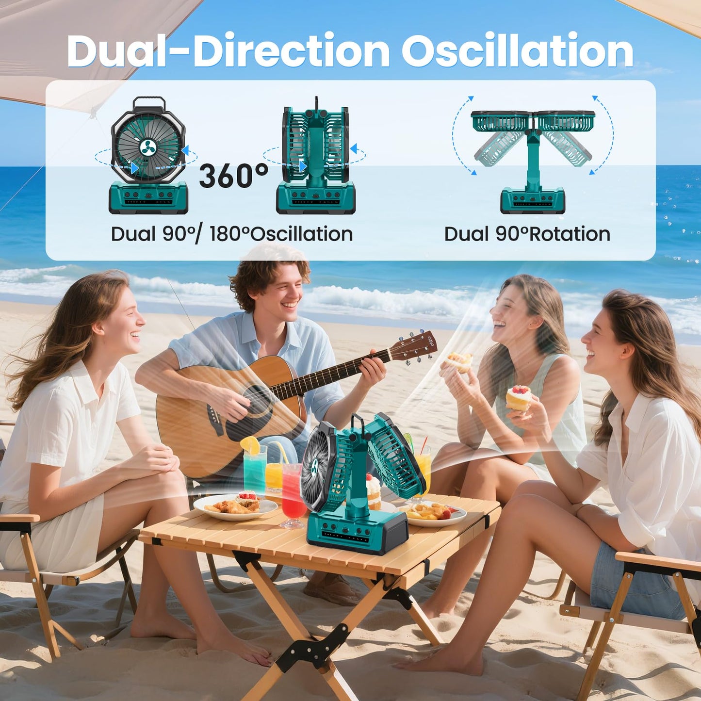 Dual Head Portable Rechargeable Fan 20000mAh Battery Powered Camping Fan Cordless with LED Lantern & Remote, Auto Oscillation, Hook, Battery Operated