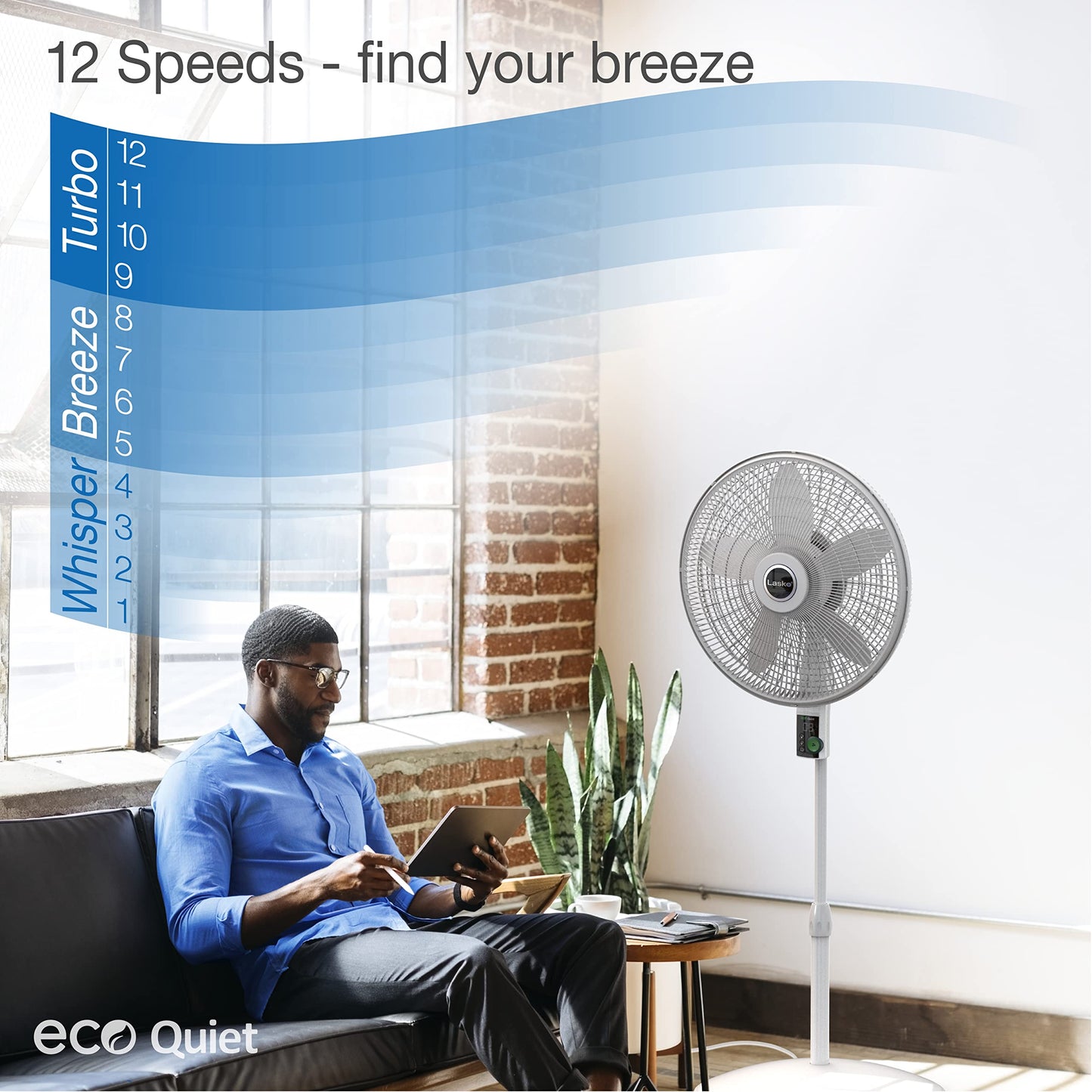 Lasko EcoQuiet Oscillating Pedestal Fan with Whisper Quiet DC Motor, 12 Speeds, 8 Hour Timer, Adjustable Height, Remote Control, White, S18705