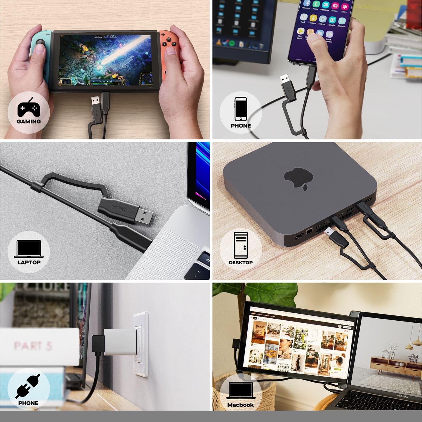 MP Mobile Pixels 2-in-1 Cable, Laptop Monitor Cable, Right Angle USB A/C Cables, 3A/5.0 Gbps Durable, Flexible, Tangle-Resistant Braided Nylon Cord