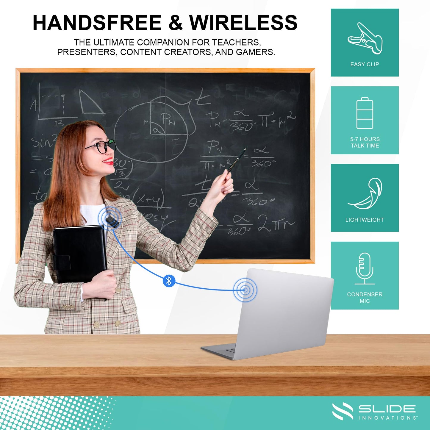 SLIDE Clip On Mini Wireless Microphone for iPhone, Android & Tablet - Bluetooth Lavalier Mic with 3.5mm Aux, Rechargeable Lapel Microphone for