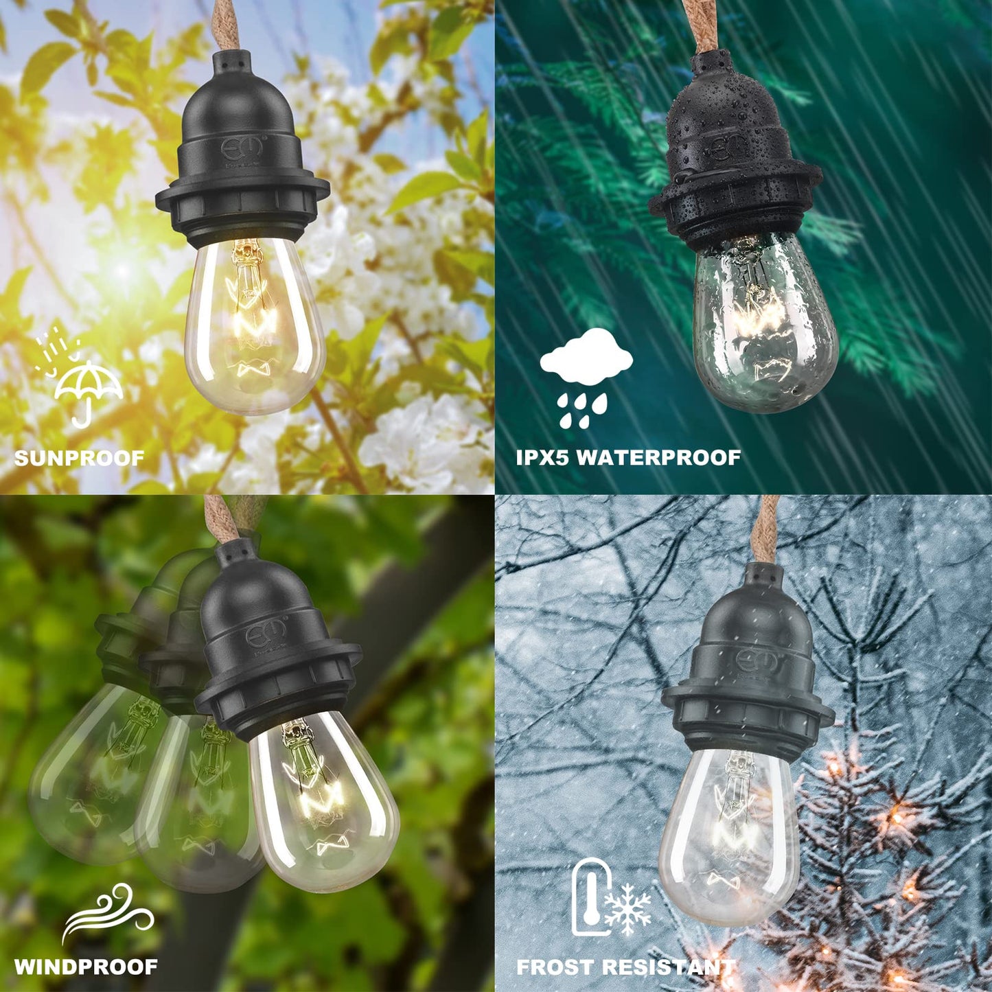 EE Eleven Master 48 FT Hemp Rope Outdoor String Lights Waterproof Patio Lights with 15 Shatterproof Heavy-Duty Commercial Grade Connectable