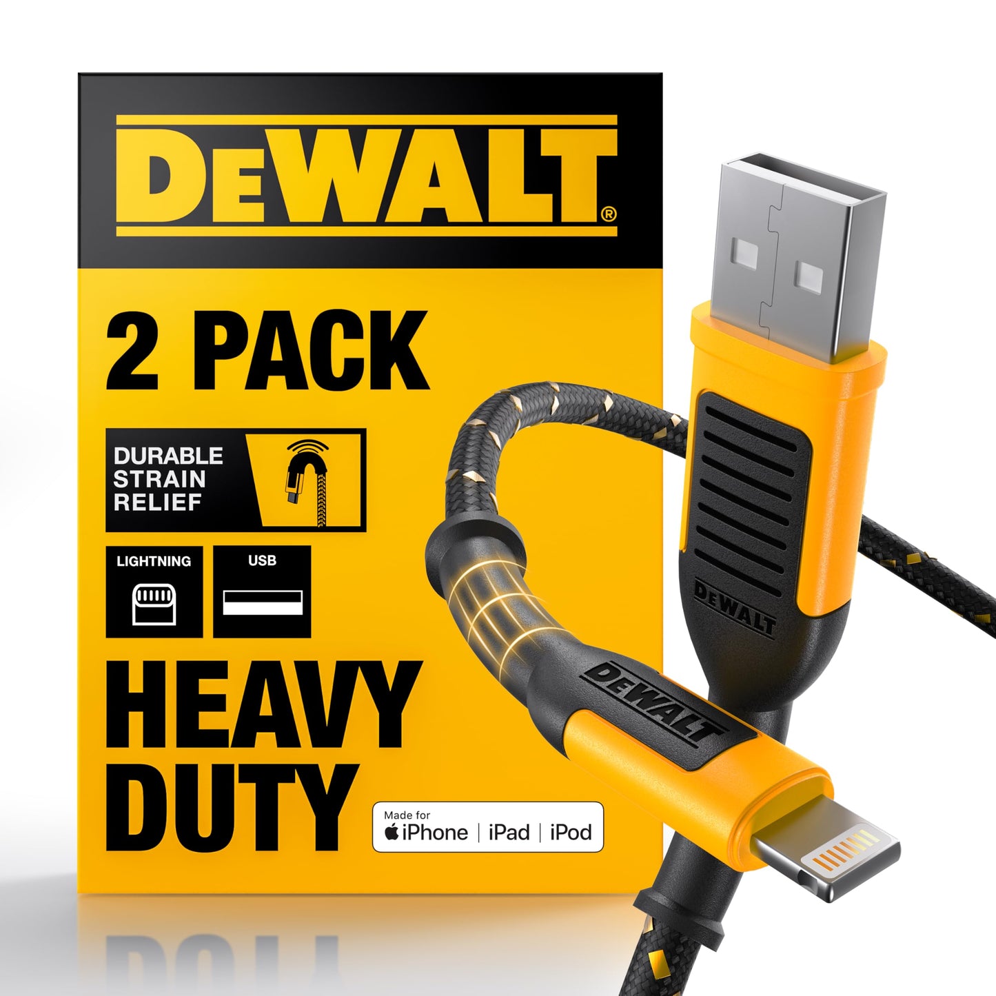 DEWALT Heavy Duty 2-Pack Durable iPhone Charger Cord, [Apple MFi Certified] 4ft Long Charging Cable, Compatible Apple Lightning to USB Cable, Fast…
