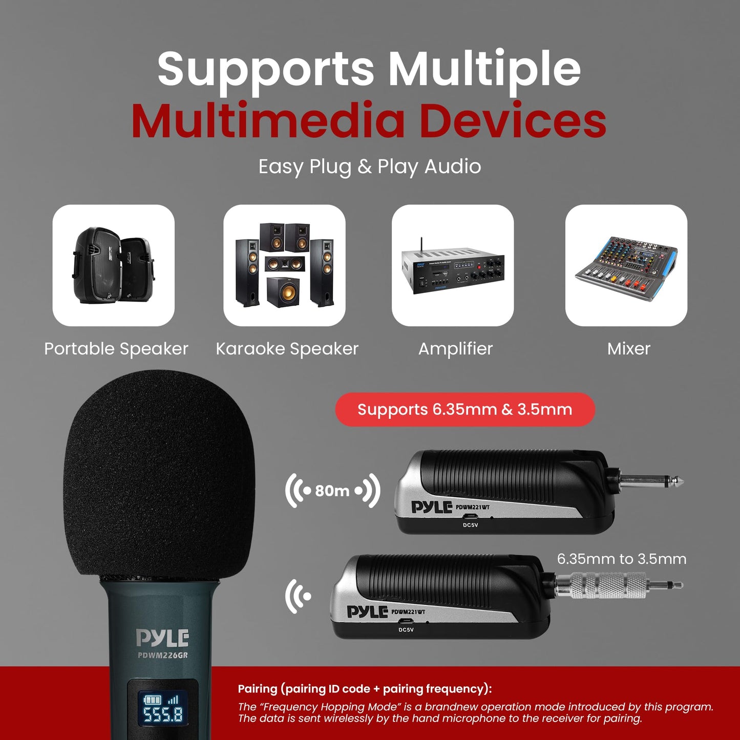 Pyle Portable UHF Band Receiver System, 4 Channel Wireless Microphone System Independent Channel Controls, RF Signal LCD Indicator, Digital Audio