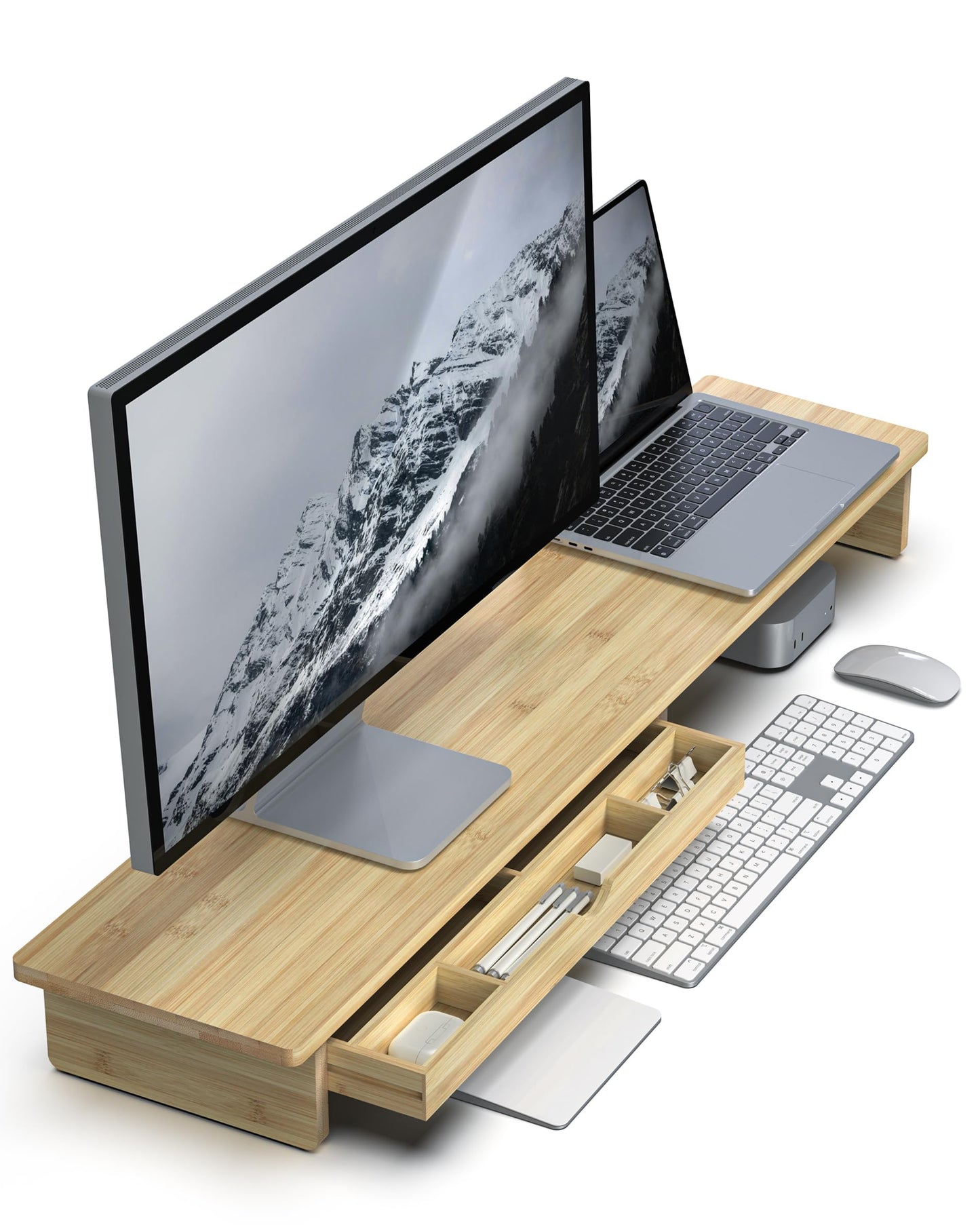 WELL WENG Bamboo Monitor Stand with Large Storage Drawer, 42 Inch Ergonomic Computer Riser for Desk, Screen Shelf with 5 Compartments for Keyboard