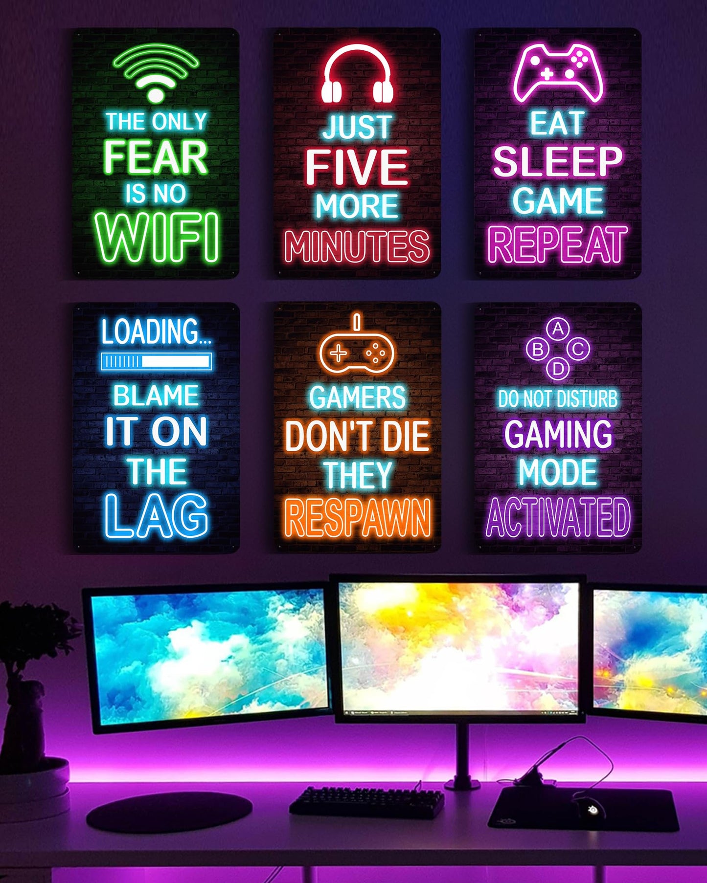 Drsoum Video Gamer Room Decor for Boys Gaming Wall Decor Neon Gaming Room Metal Sign 12 x 8 Inch Set of 6 - Gamer Wall Decor Teenage Boy Room Decor