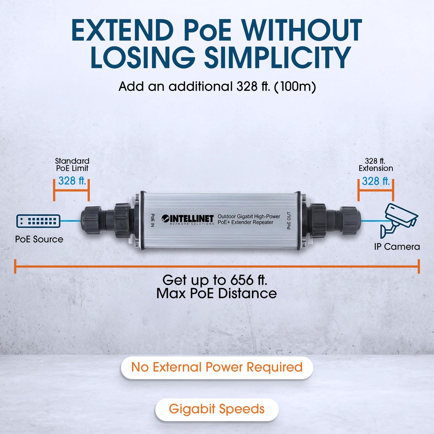 Intellinet Outdoor Gigabit PoE+ Extender, IP65, 25W, 328 Ft Range