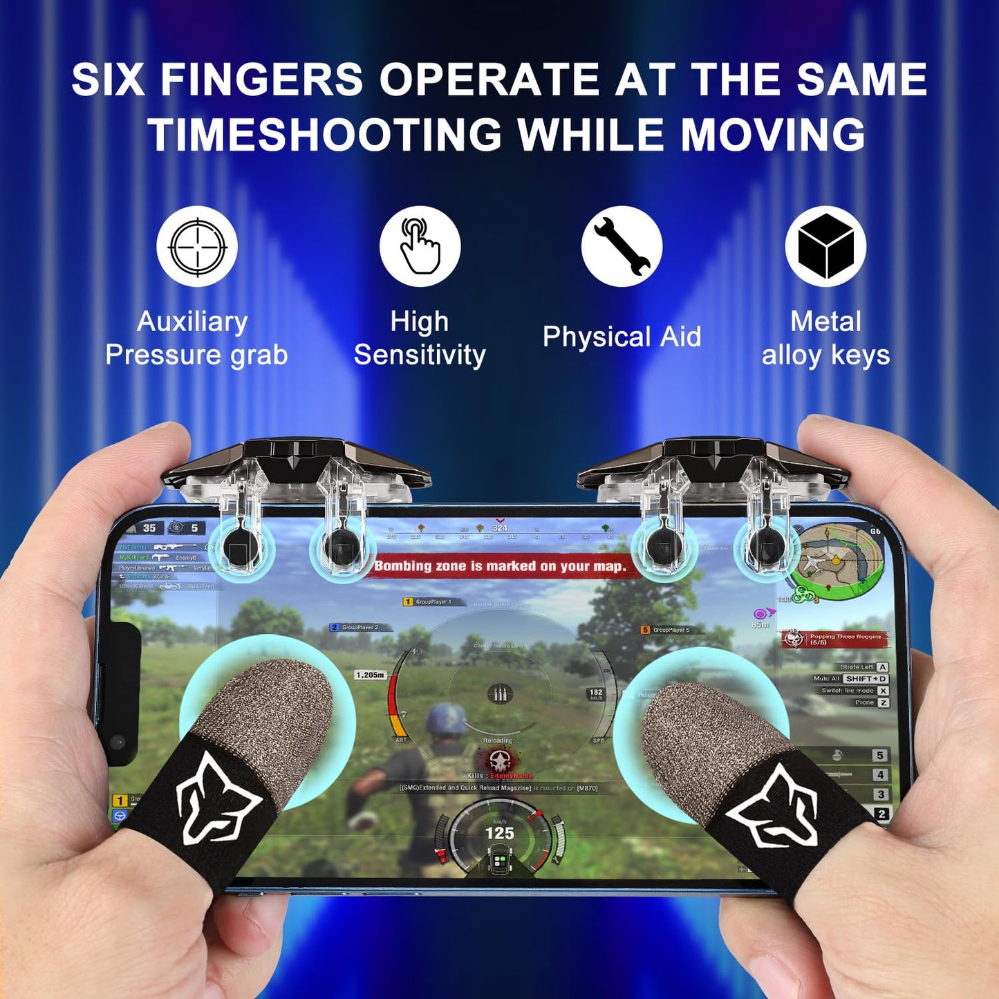 Improved Conductive Mobile Game Trigger Clip Design, Combo 2in1 with Silver Fiber Thumb Gloves, 6 Finger Shoot for All Phone, for PUBG/Fortnite/COD