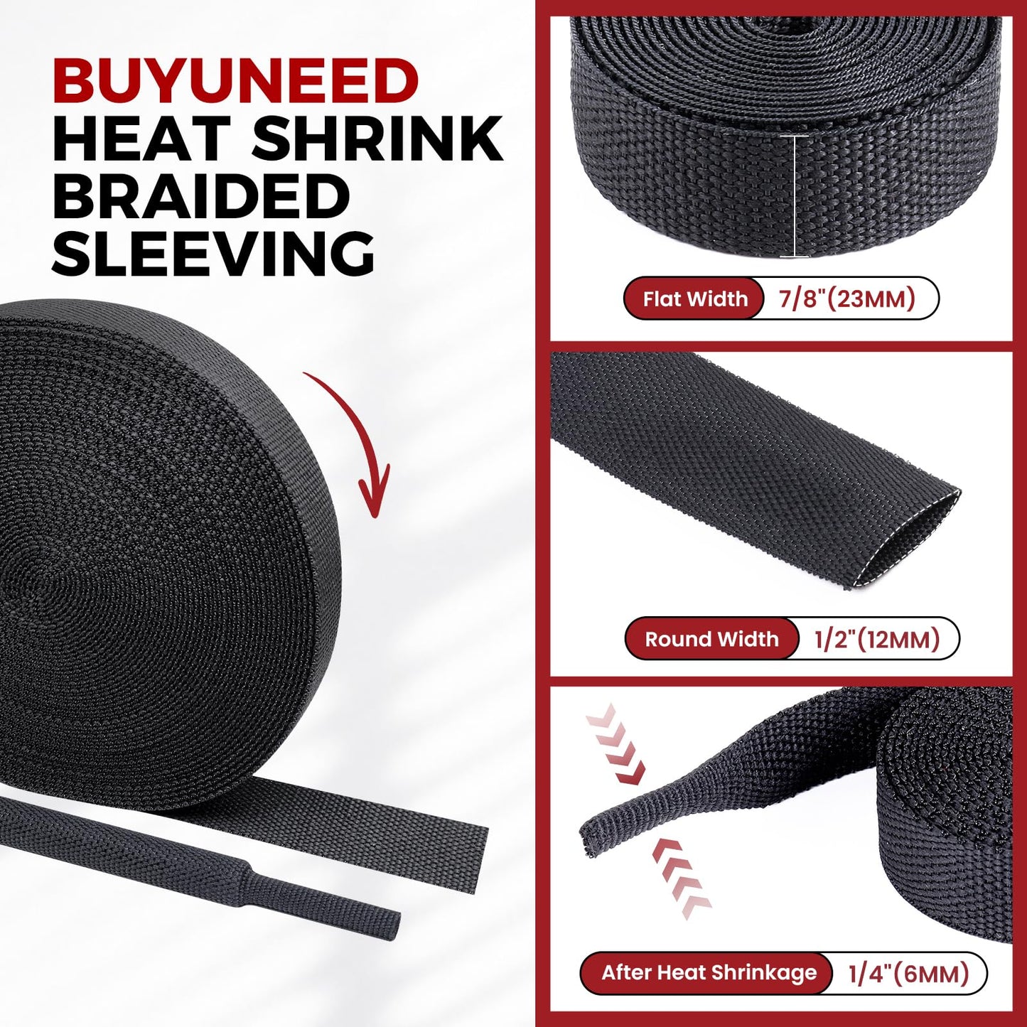 BuyUneed Braided Sleeving 2:1 Shrinkable Fabric Heat Shrink Tubing- Abrasion Protection Flexibility Wiring Harness Cable Sheath (1/2" ID, 30ft)