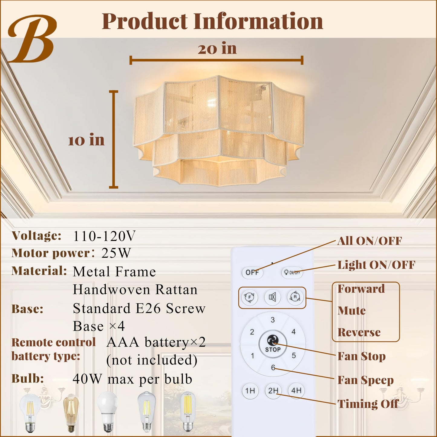 Bewishing Hand-Woven Bohemian Ceiling Fan with Light, 20" Hexagonal Flush Mount Cotton Fan, Quiet DC Motor with Remote, 6-Speed Reversible Airflow