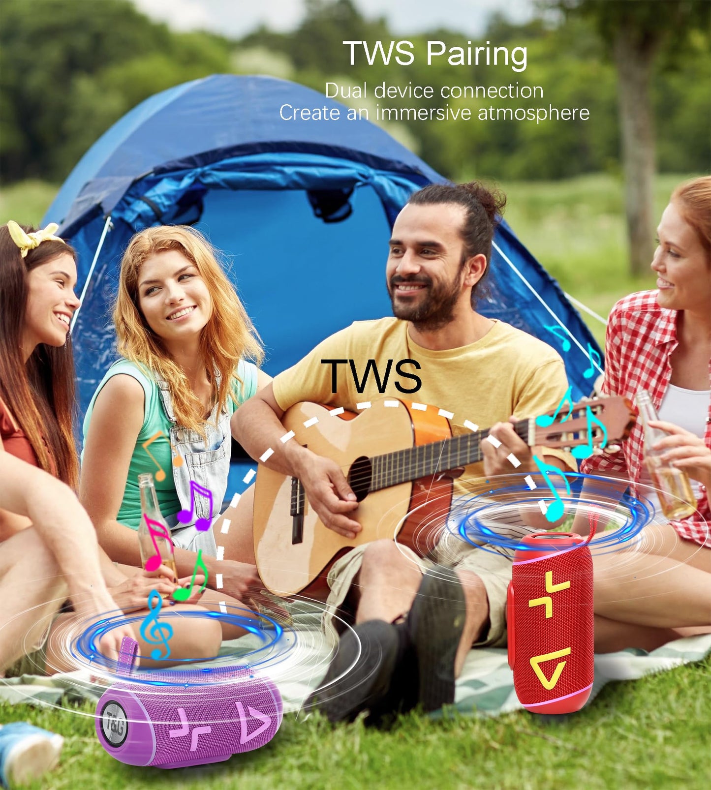 Bluetooth Speaker with Stereo Sound, Wireless Portable Speakers with RGB lights, IPX6 Waterproof, 24H Playtime, TWS Pairing, BT5.3/TF-Card, for Party