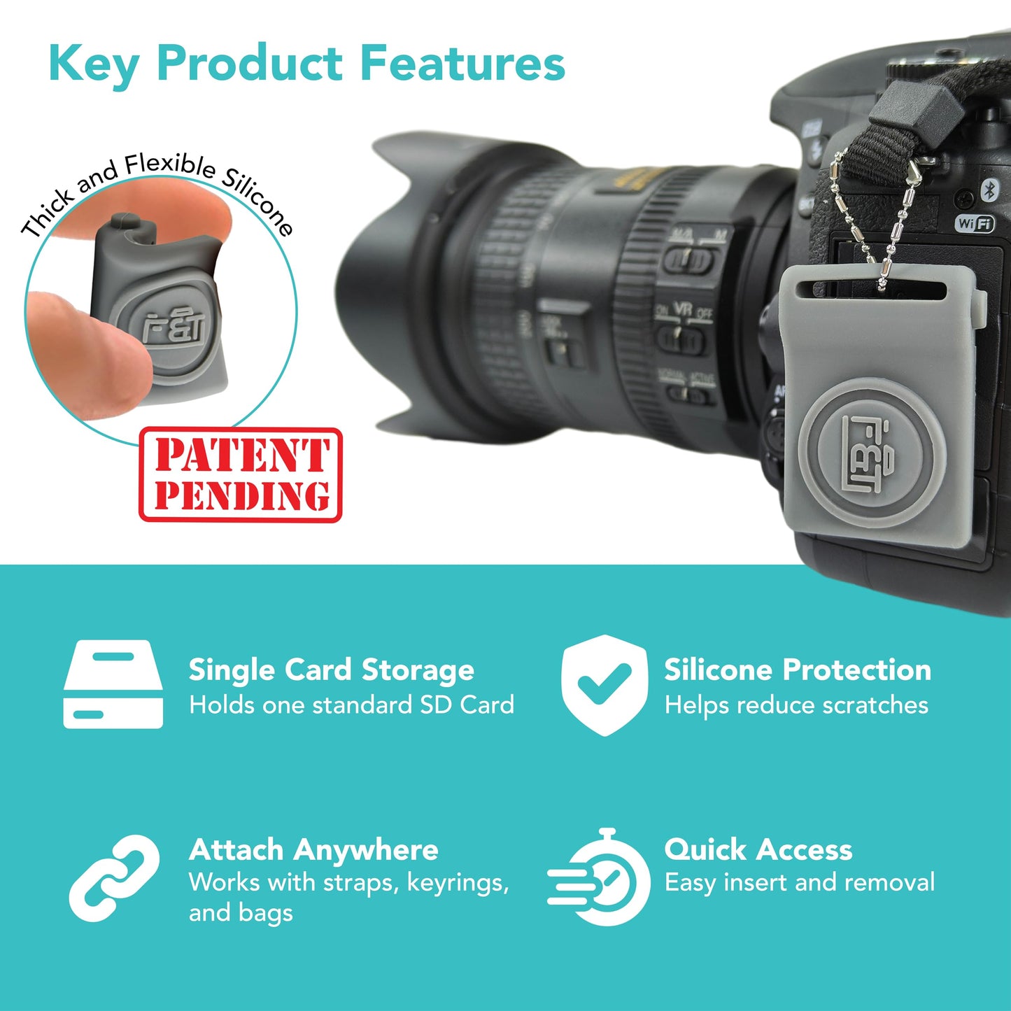 Foto&Tech Silicone SD Memory Card Holder Sleeve, Mini Camera-Shaped SD Card Storage, Camera Strap Mountable, Lug Ring Compatible, Gift